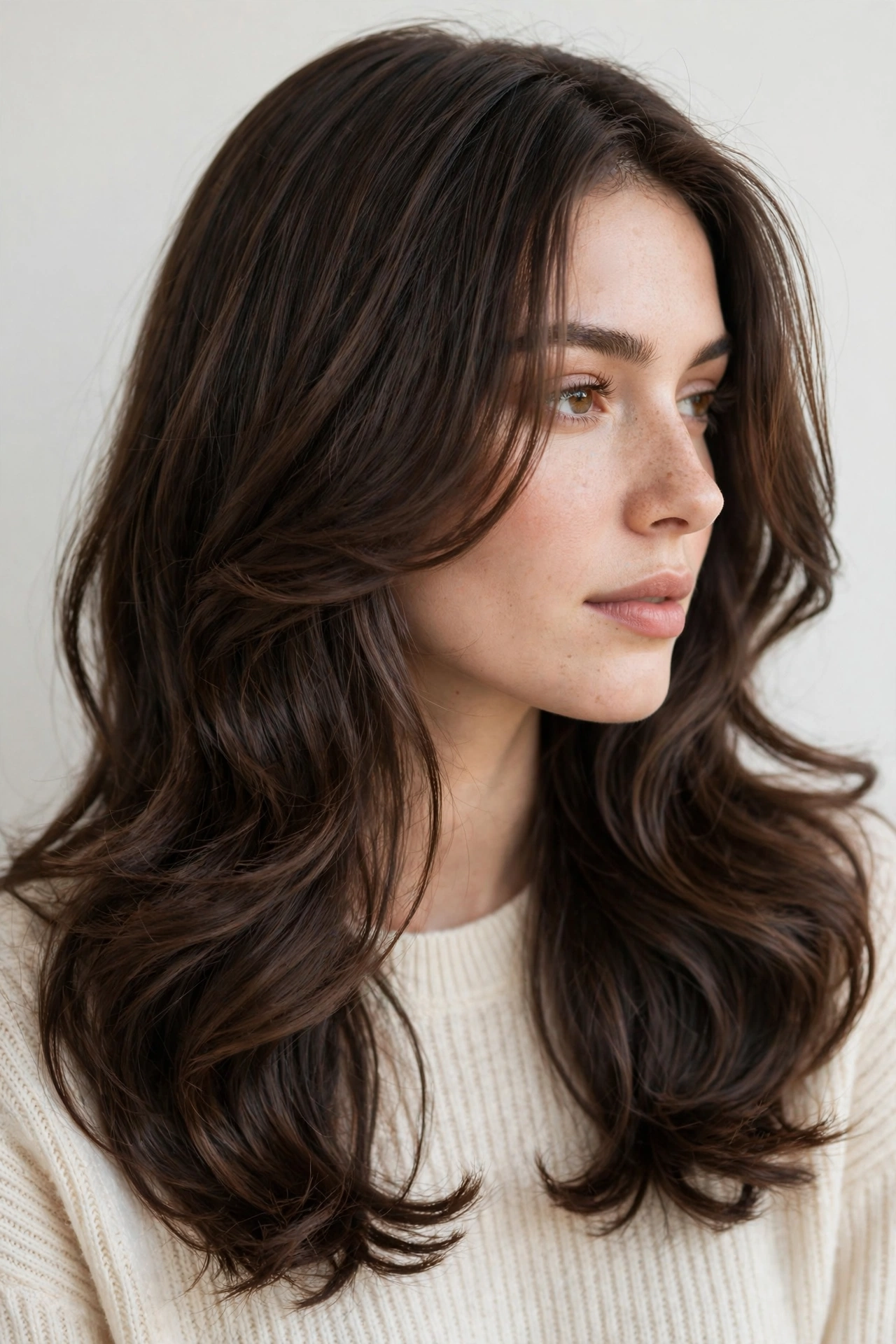 Long layered haircut with face-framing layers on brunette hair