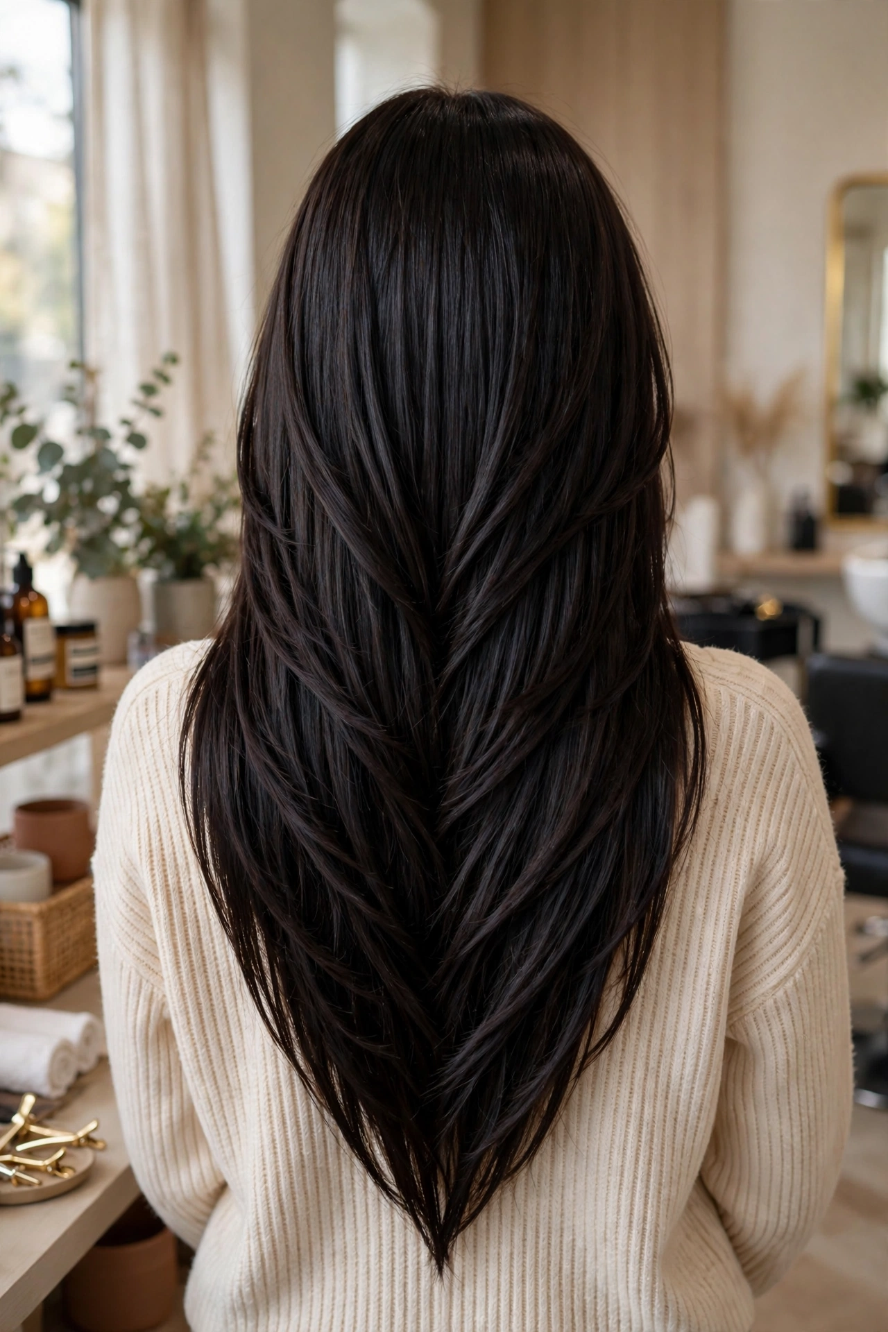 Long V-cut layered haircut from behind