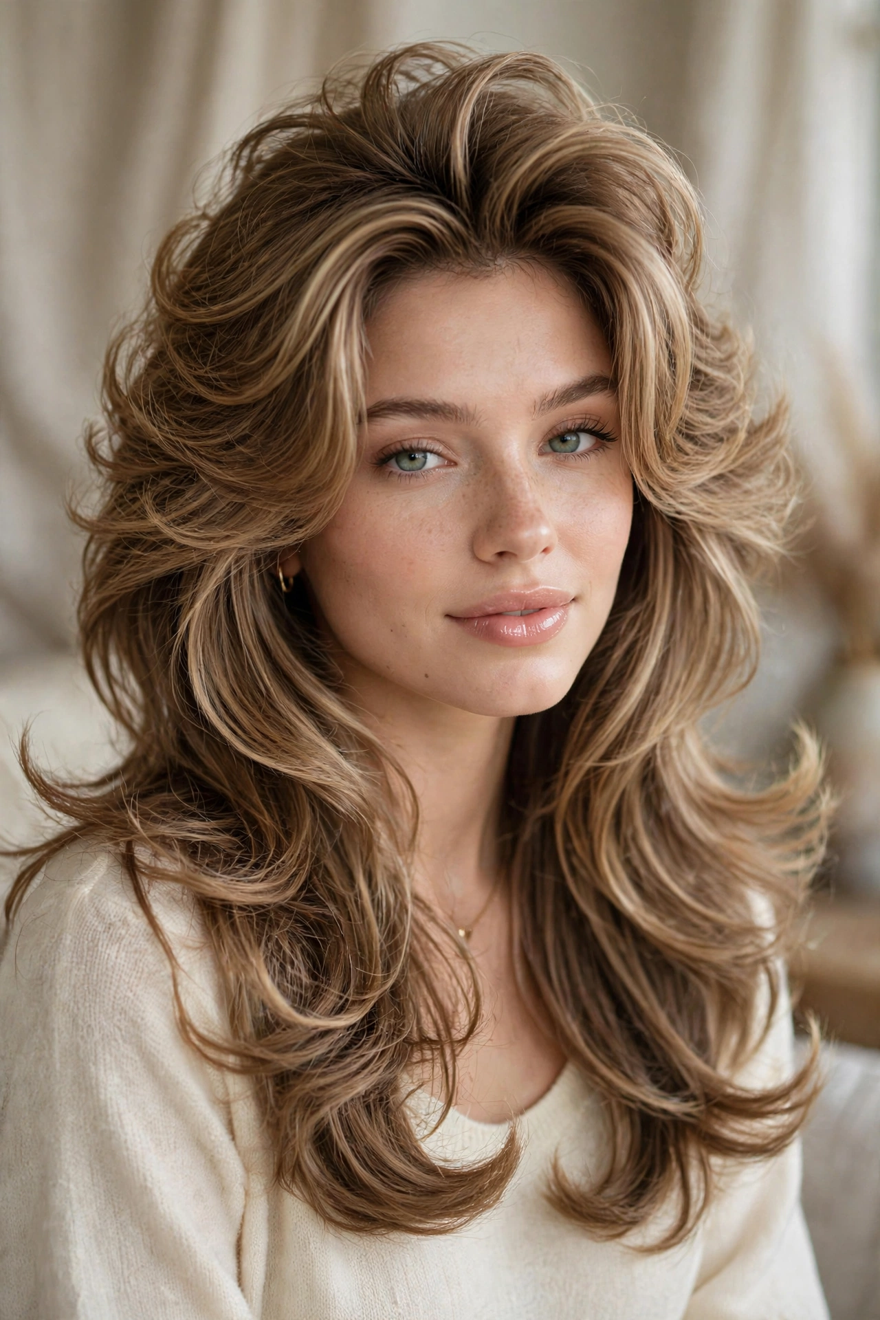 Long butterfly layered haircut with bouncy blowout