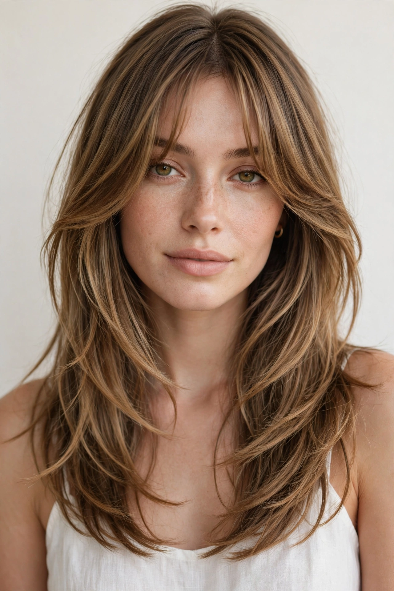 Long layered haircut with curtain bangs