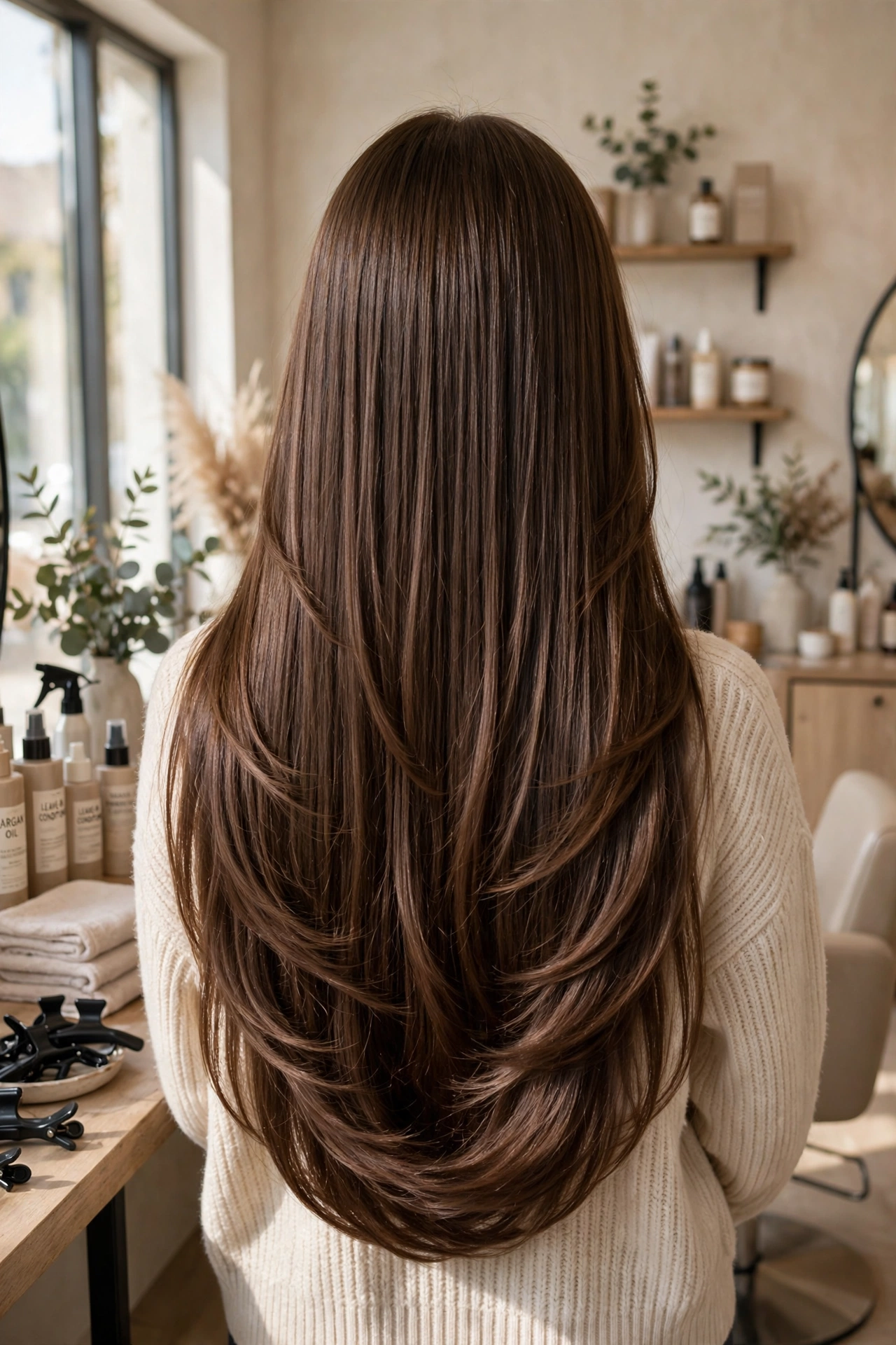 Long U-cut layered haircut soft rounded shape
