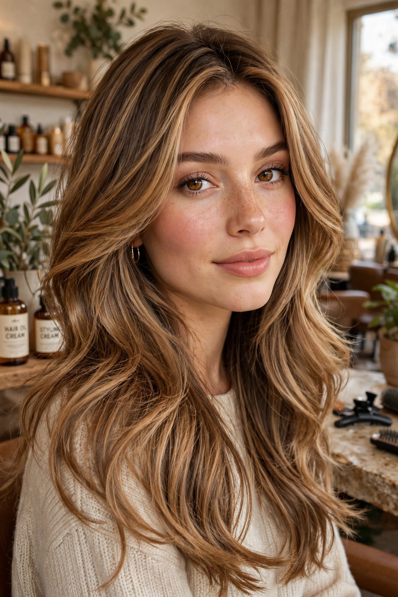 Long layered haircut with caramel balayage color