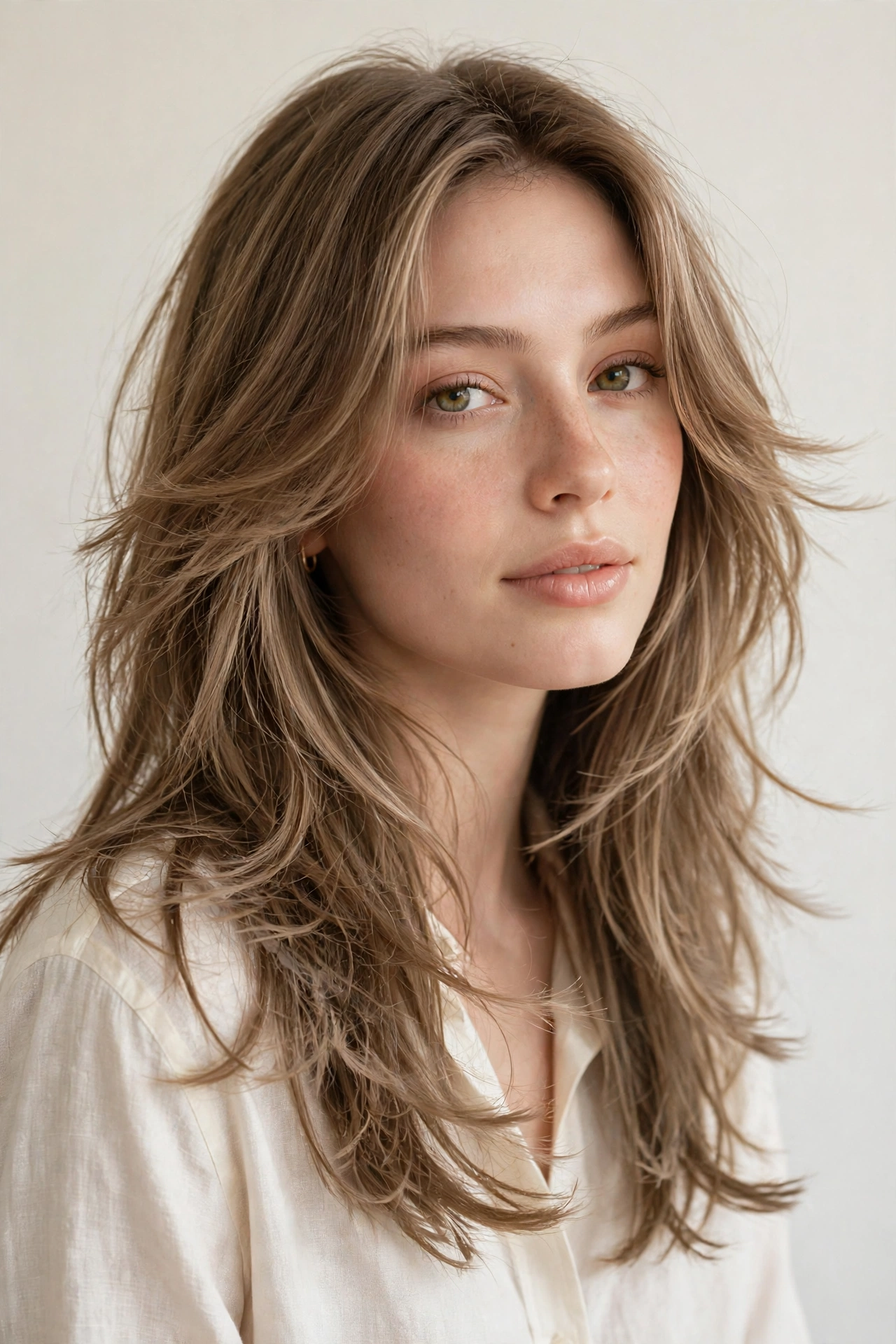 Long layered haircut with wispy feathered ends