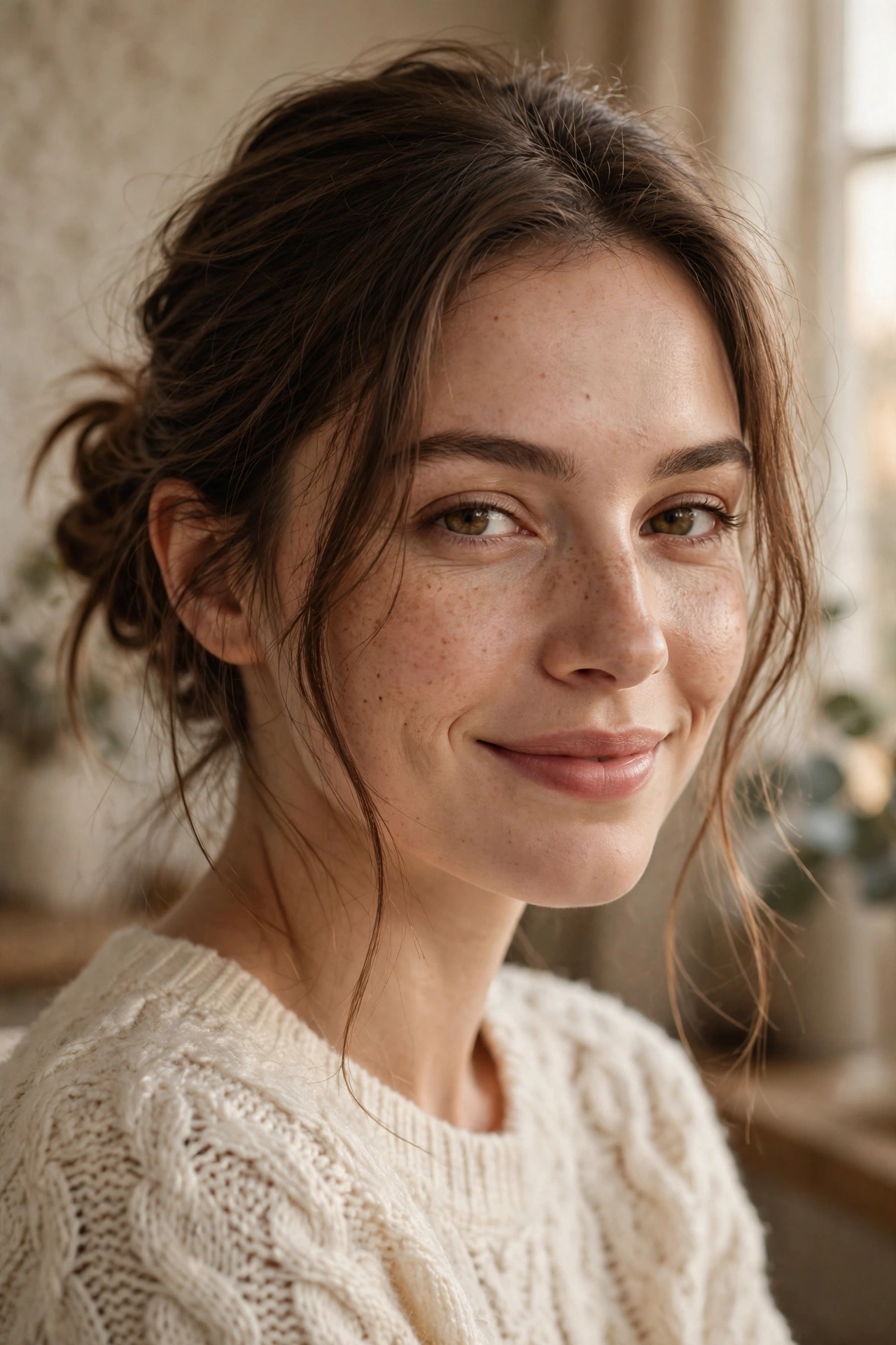 Low messy bun hairstyle with loose face-framing strands on a woman with brown hair