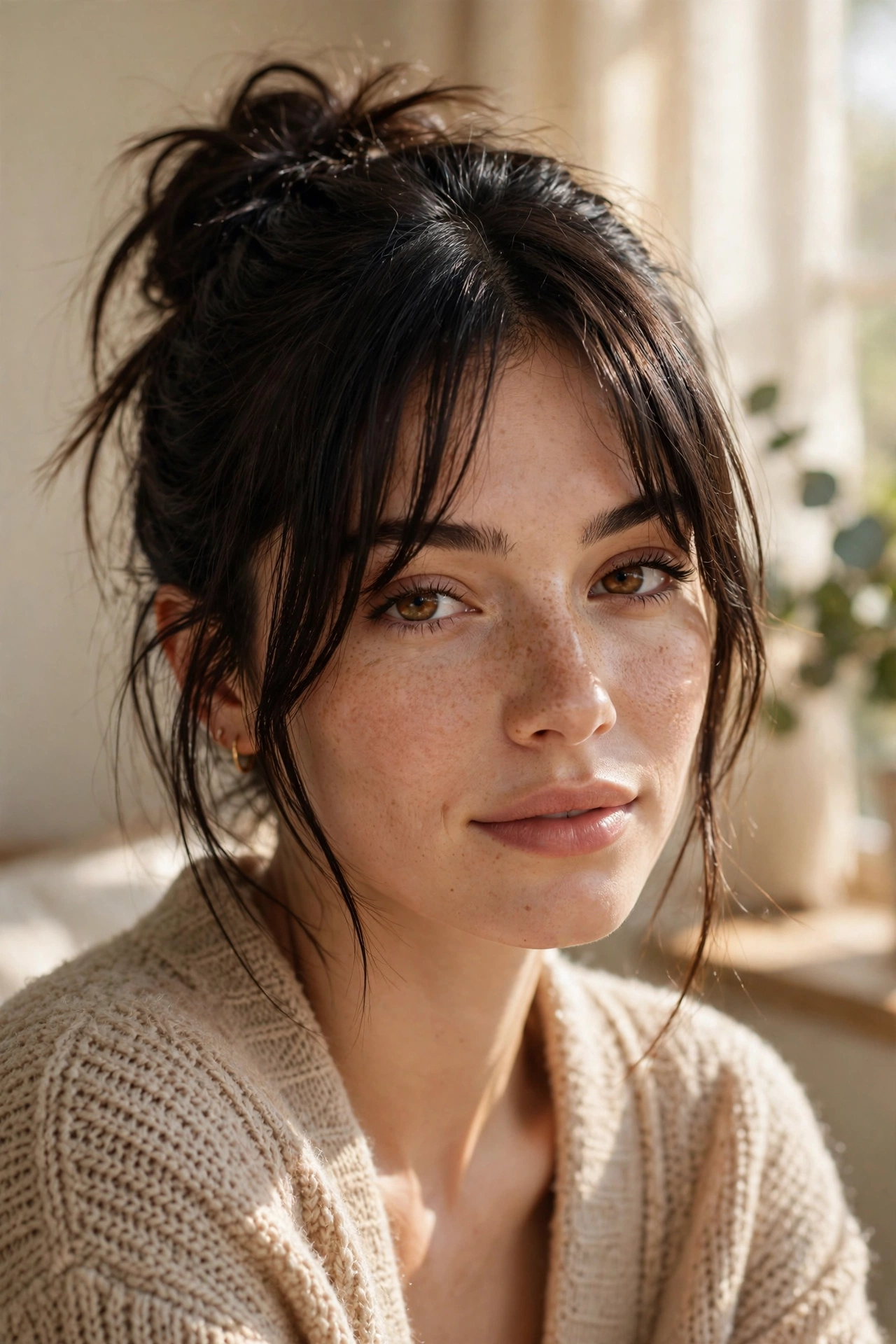 Messy bun hairstyle paired with curtain bangs on a woman with dark hair