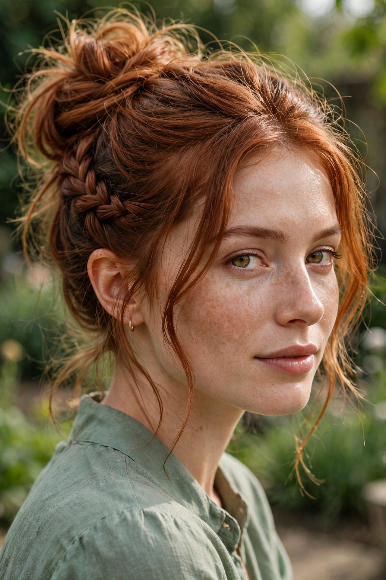 Braided messy bun hairstyle with a loose side braid on a woman with auburn hair