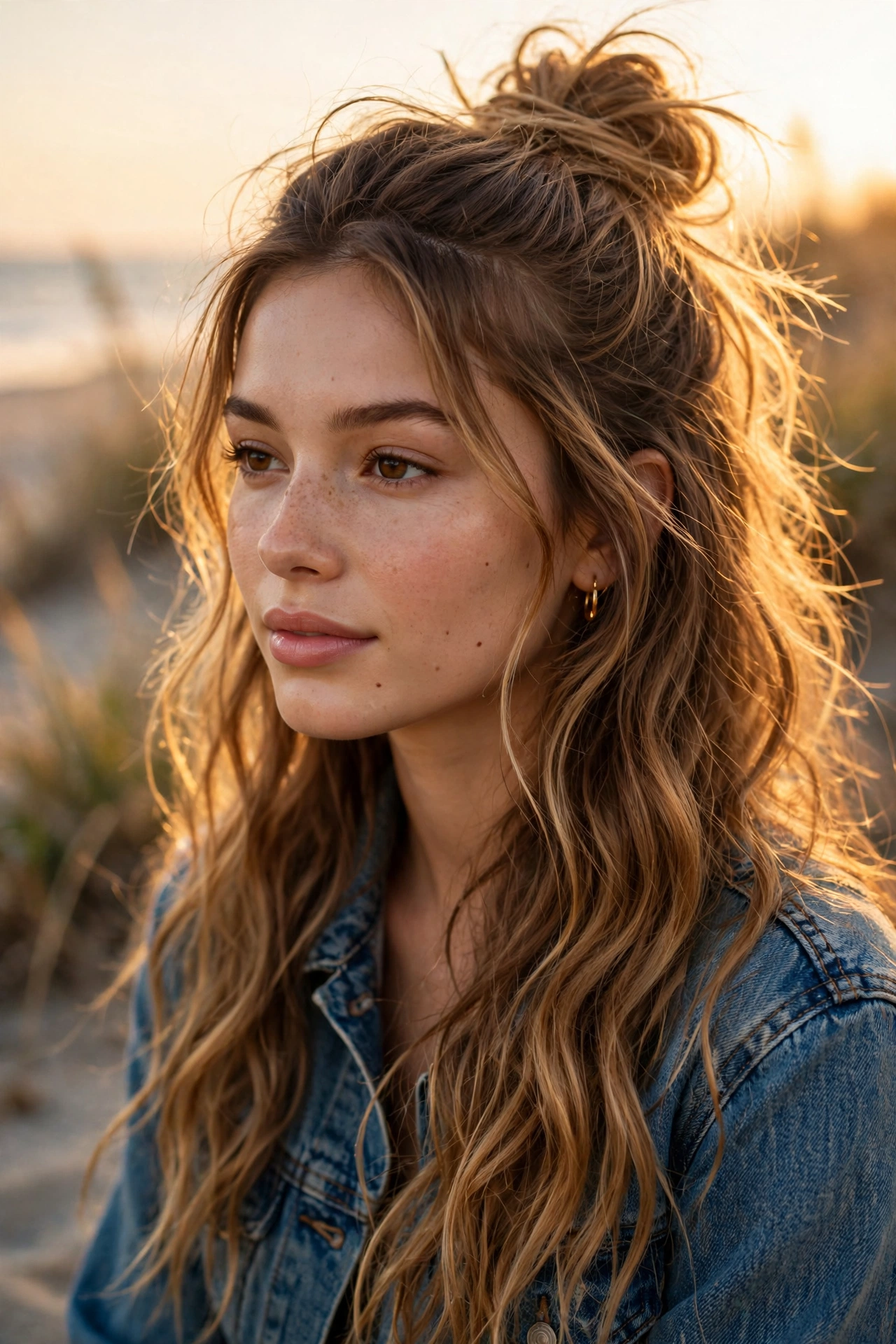 Half-up messy bun hairstyle on a woman with long wavy caramel hair