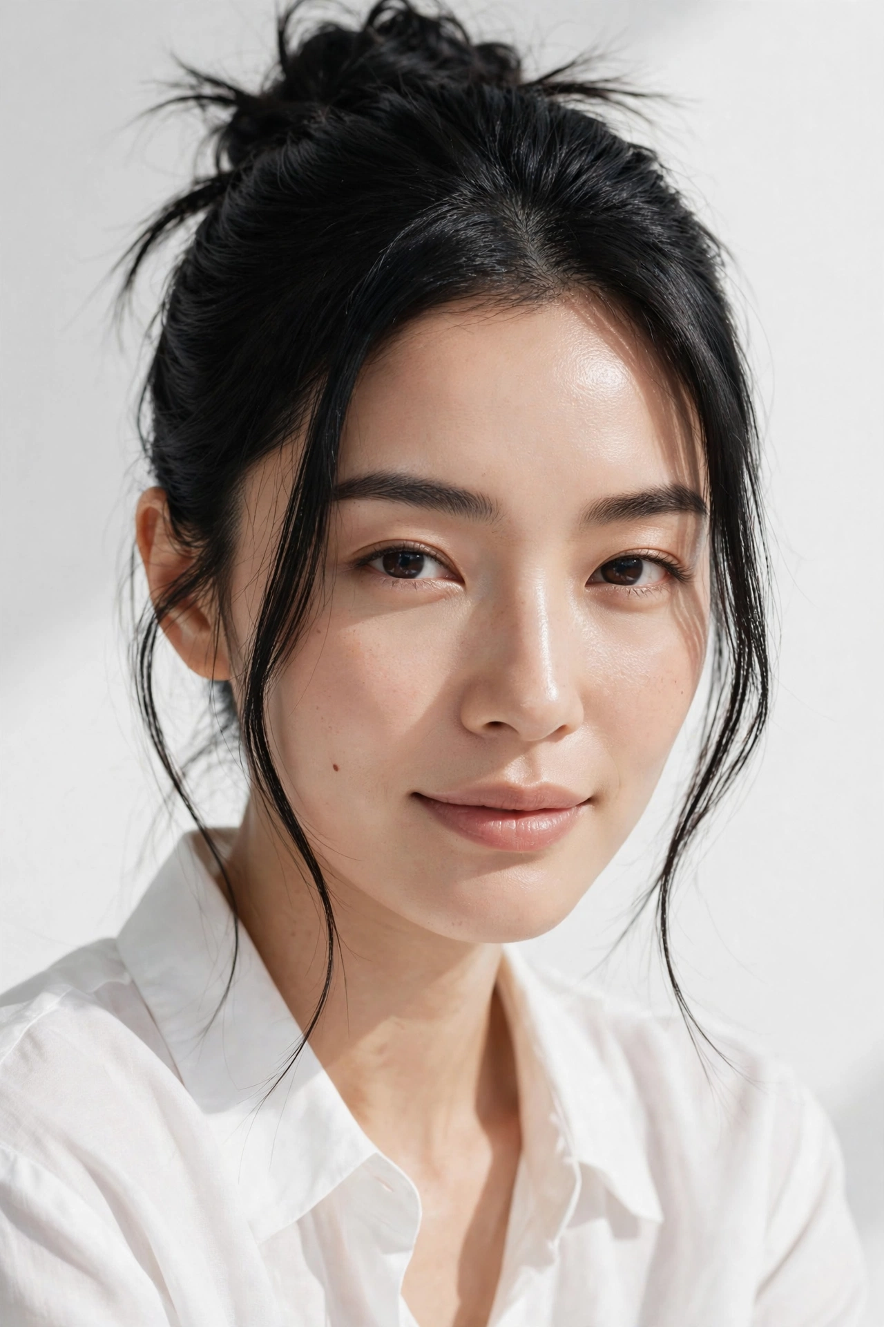 Messy bun hairstyle with soft face-framing pieces on a woman with black hair