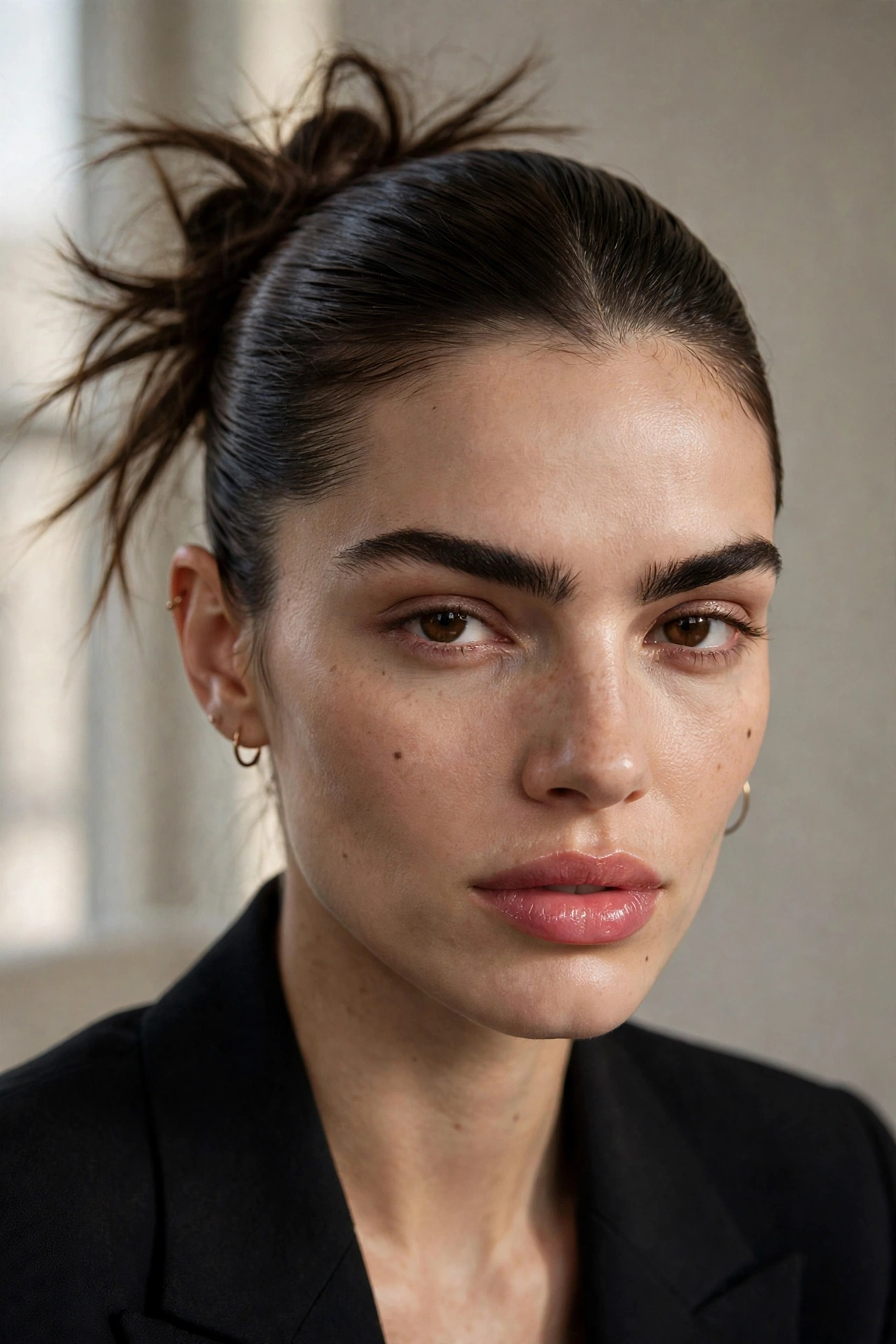Sleek root textured messy bun hairstyle on a woman with straight dark brown hair