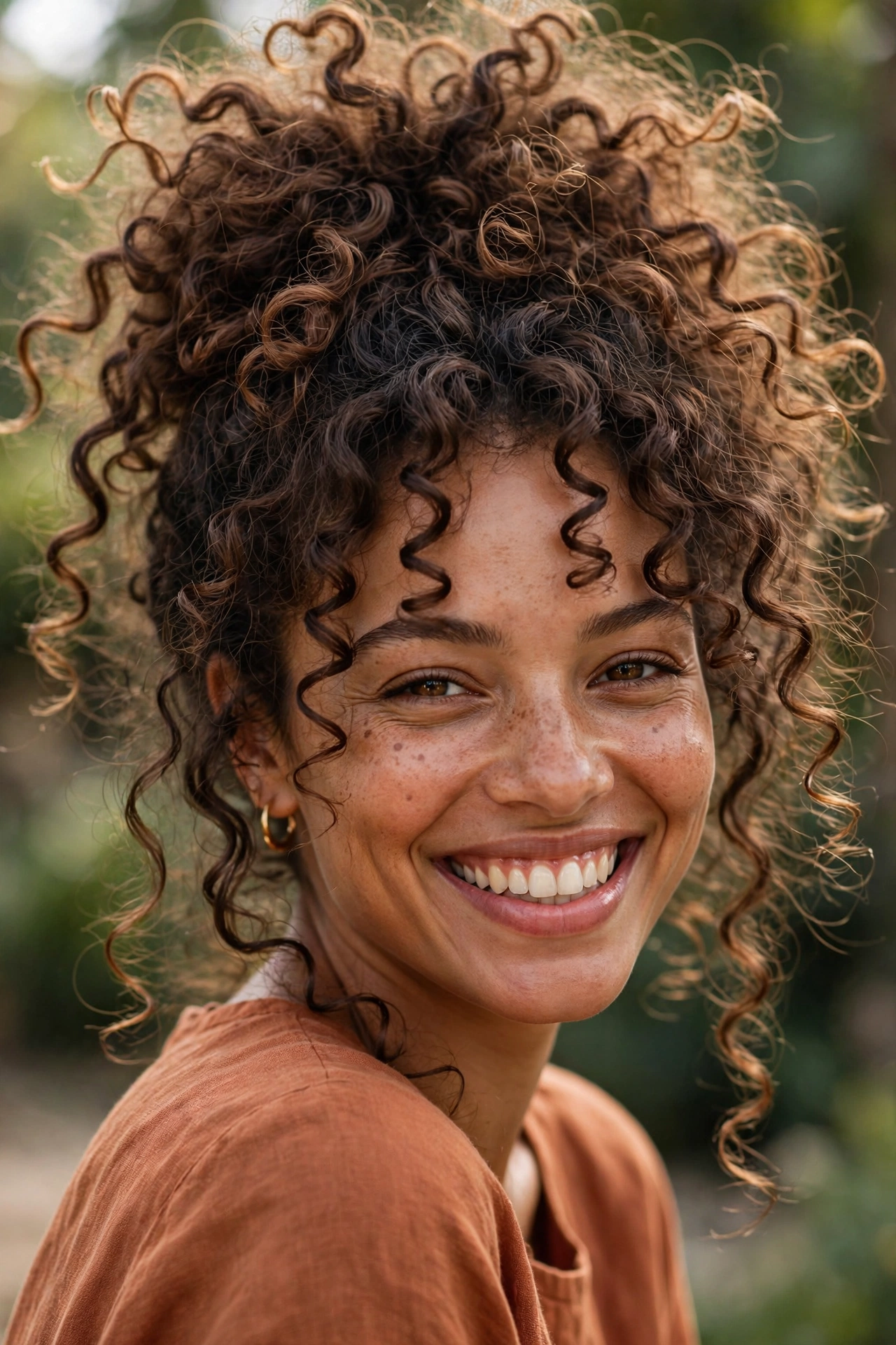 Voluminous messy bun hairstyle for curly hair on a woman with natural curls