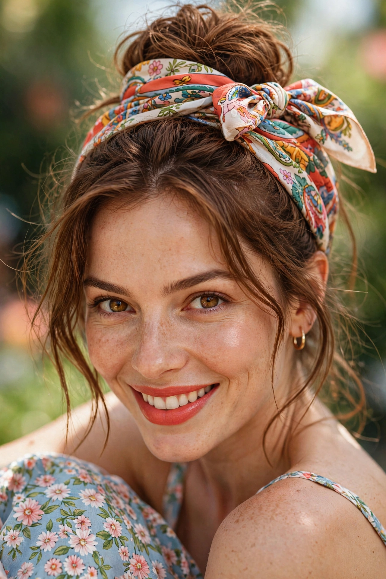 Messy bun hairstyle wrapped with a printed silk scarf on a woman with chestnut hair