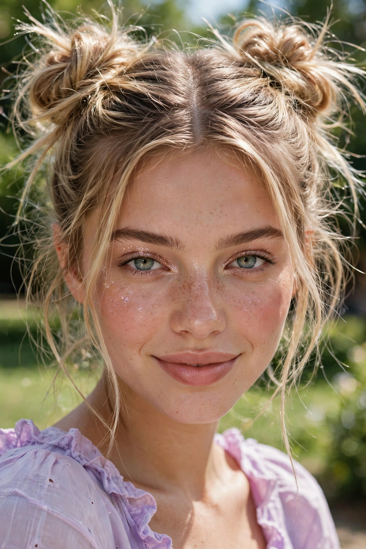 Double messy space bun hairstyles on a young woman with highlighted hair