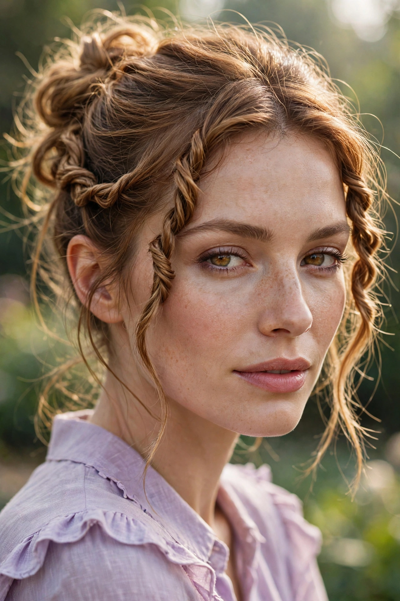 Twisted side messy bun hairstyle on a woman with golden brown hair