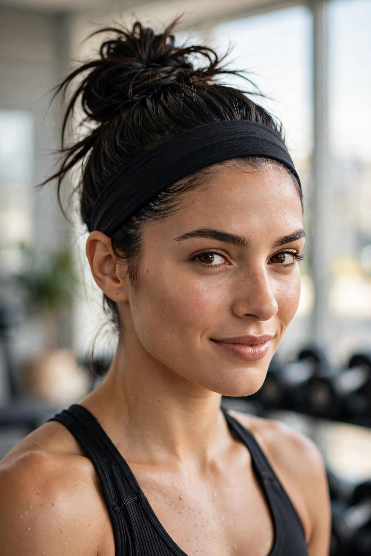 Secure high messy bun hairstyle for workouts on a woman with dark athletic hair