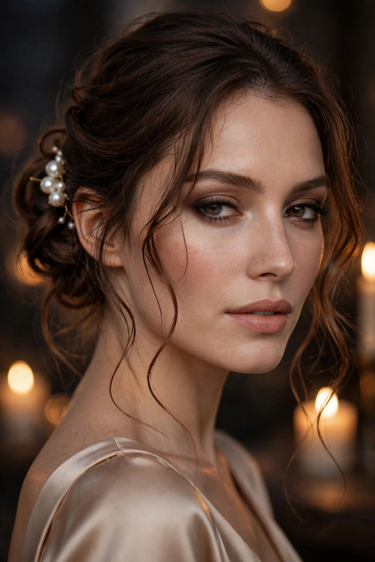 Elegant low evening messy bun hairstyle with pearl accessory on a woman with brunette hair