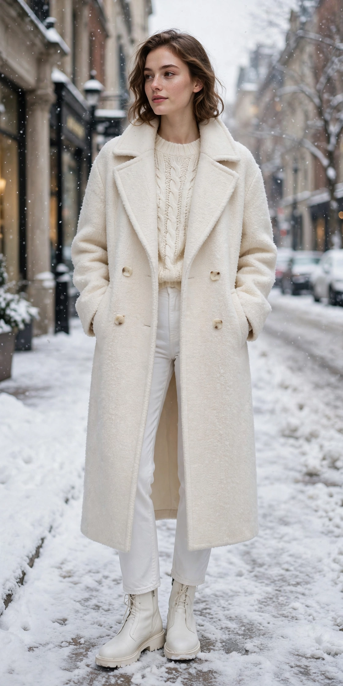 Monochrome all-white winter outfit with cream coat and white jeans
