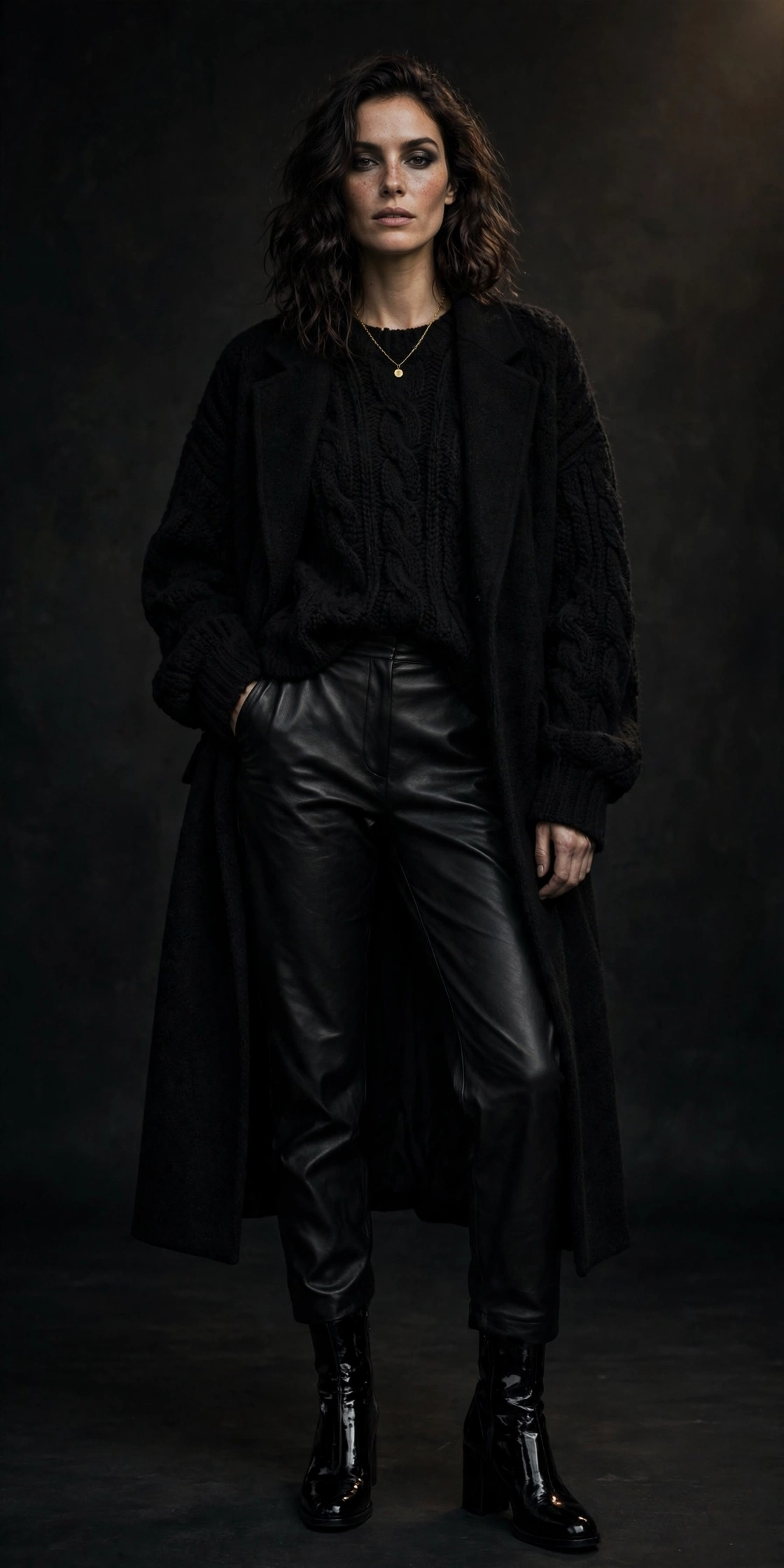 Head-to-toe black monochrome outfit with leather and knit textures