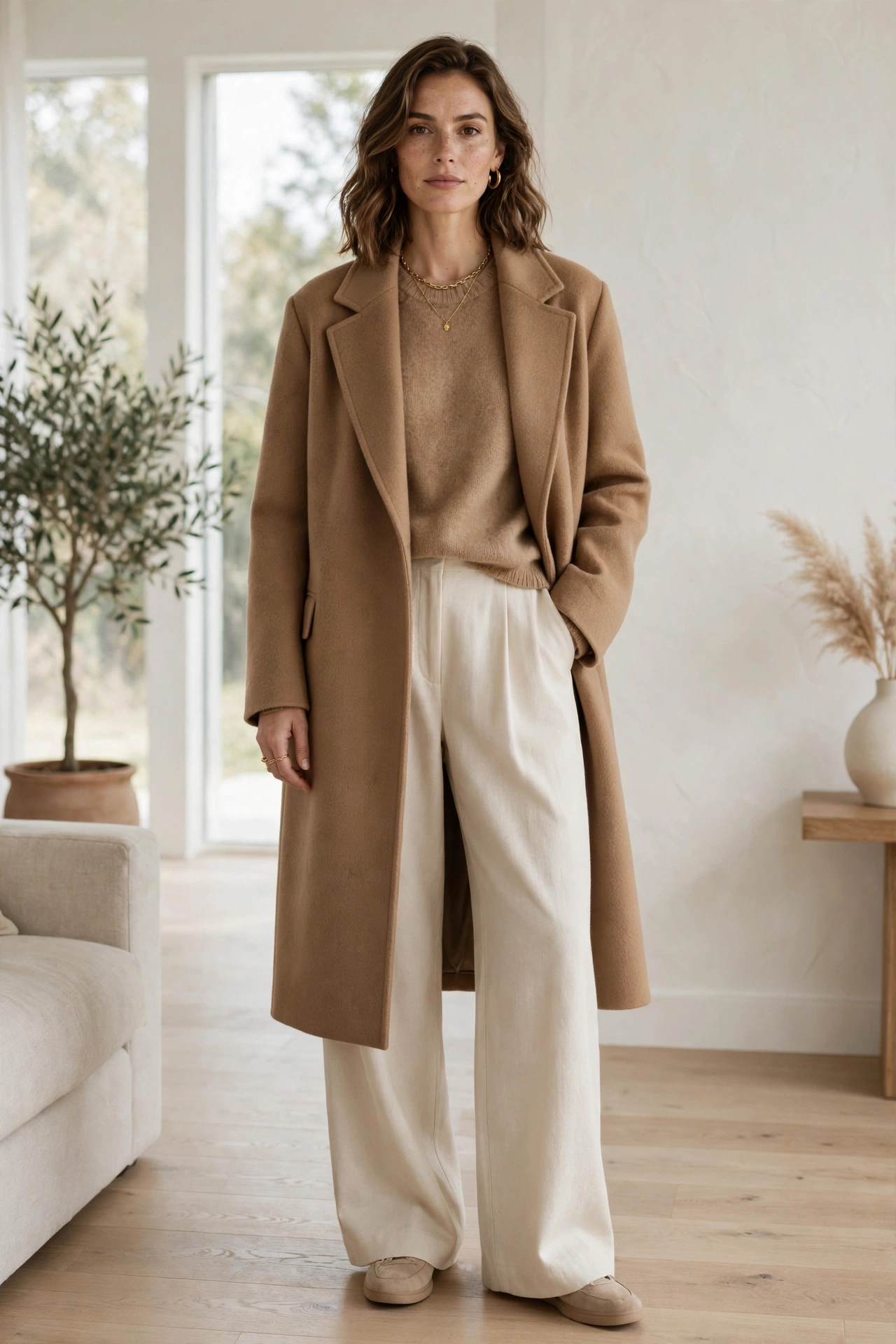 Camel and beige tonal layered monochrome outfit for fall