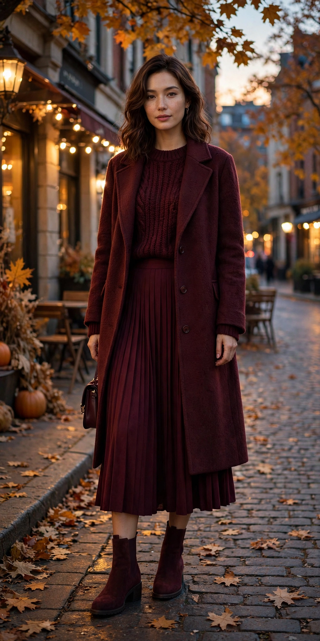 Burgundy monochrome outfit with wine-toned layers