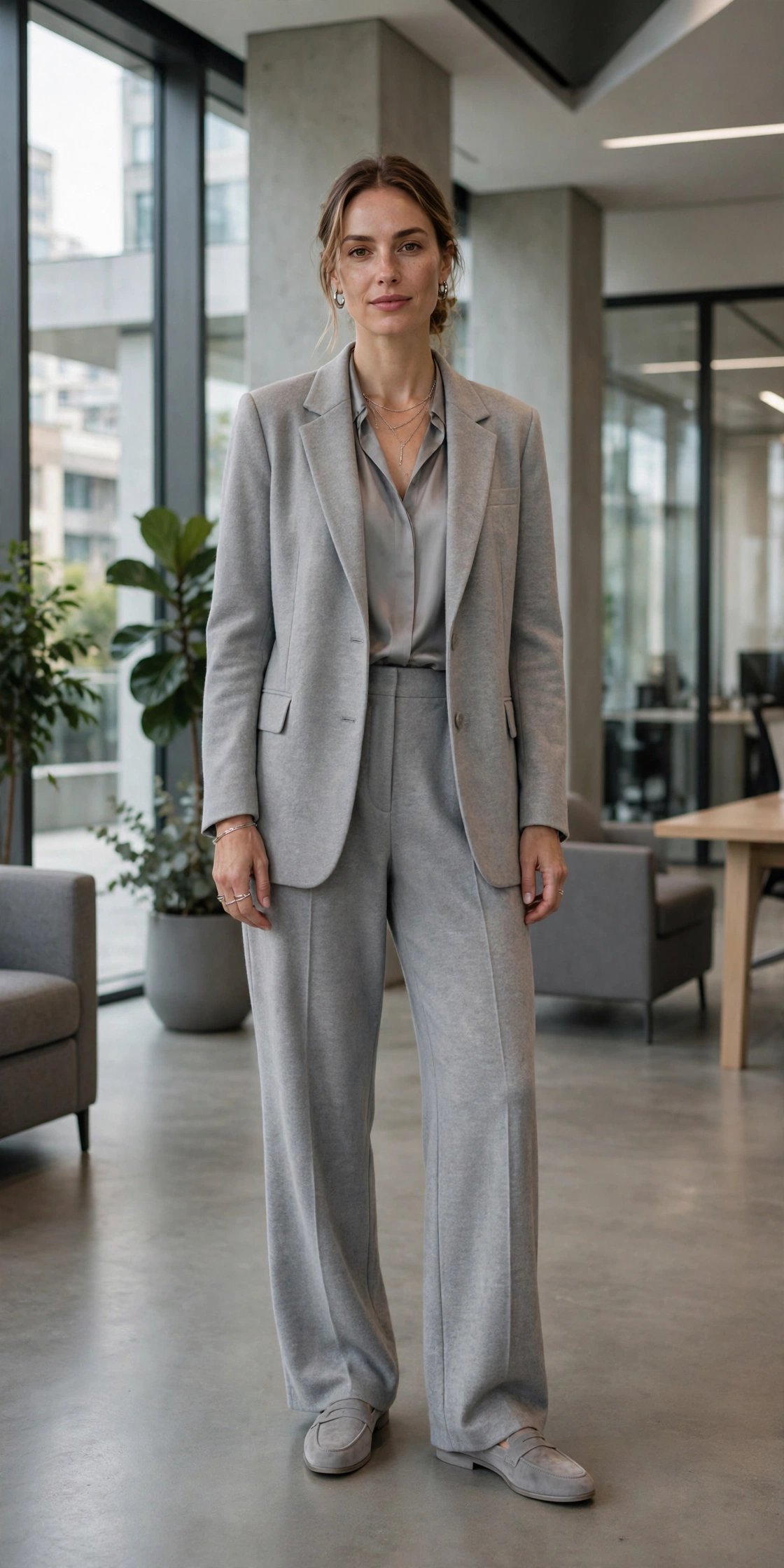 Soft gray monochrome suit outfit with tailored blazer