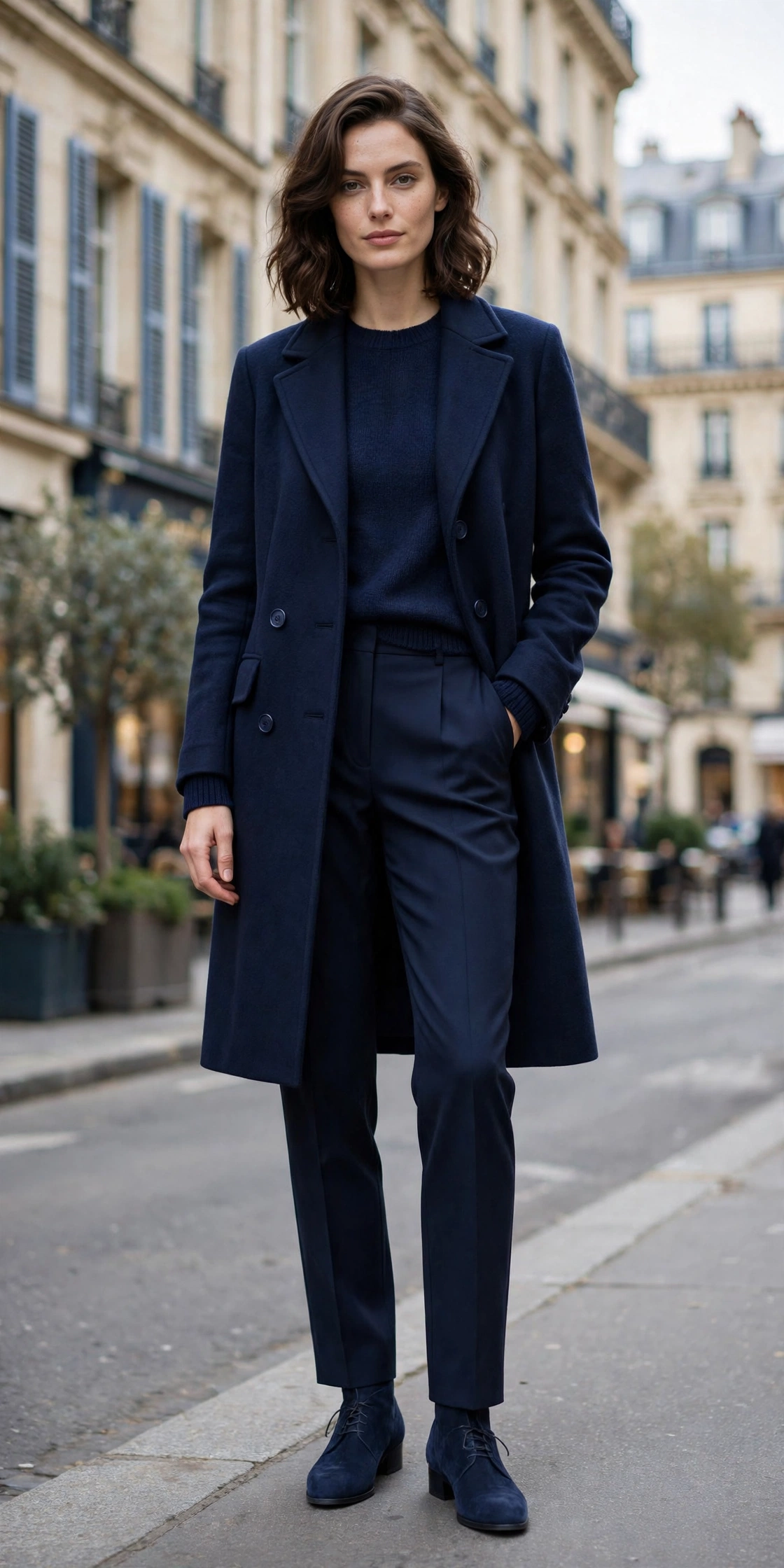 Navy blue monochrome outfit with tonal blue layers