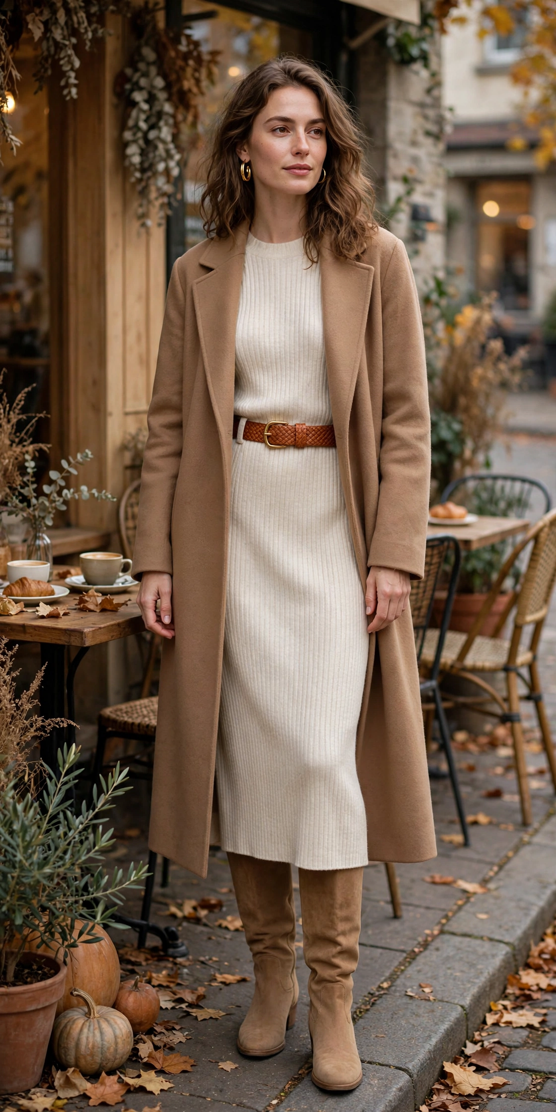 Cream knit dress with tan boots monochrome outfit
