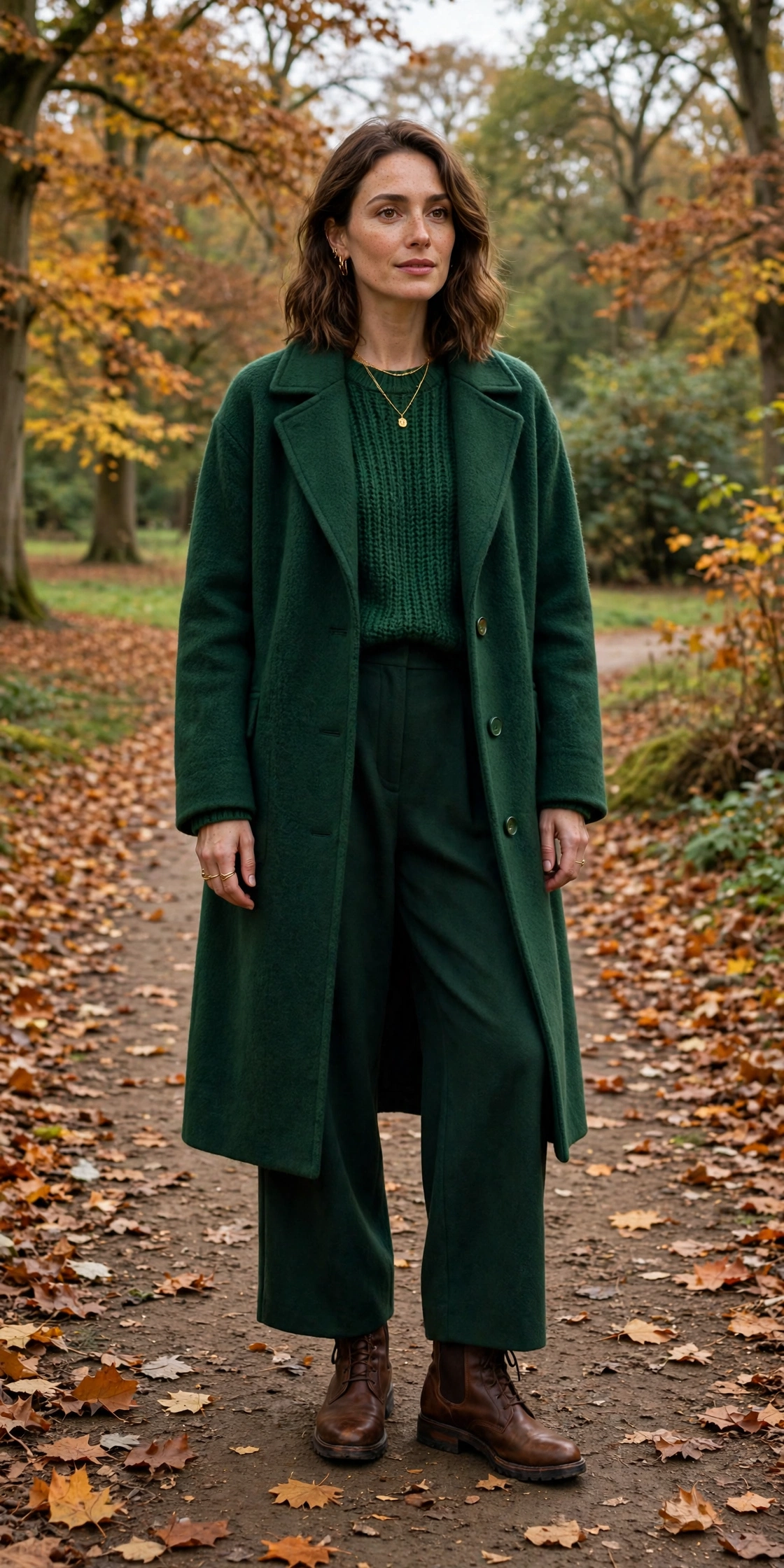 Forest green monochrome outfit with knit and trousers