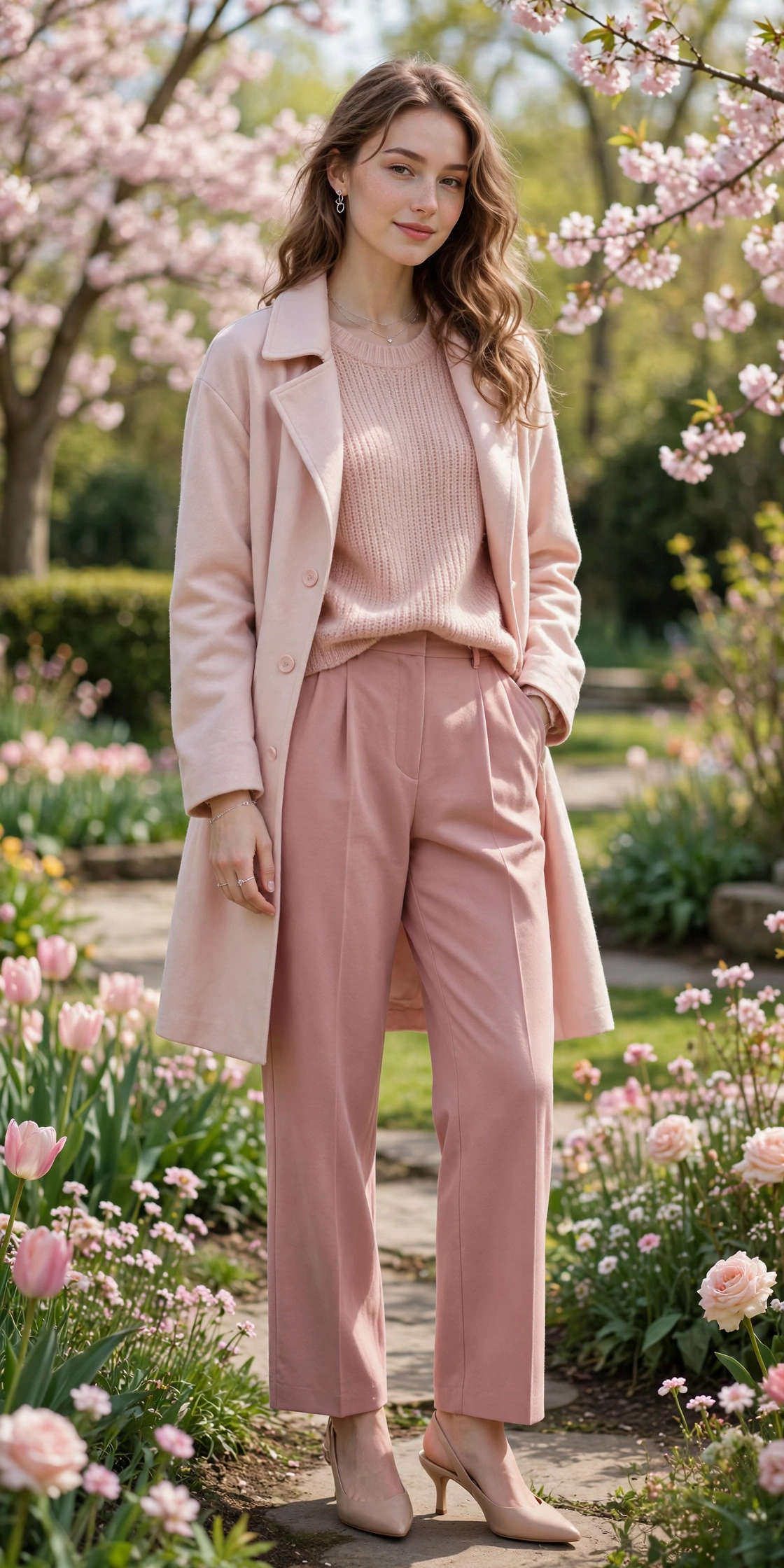 Blush pink tonal monochrome outfit with soft pink layers