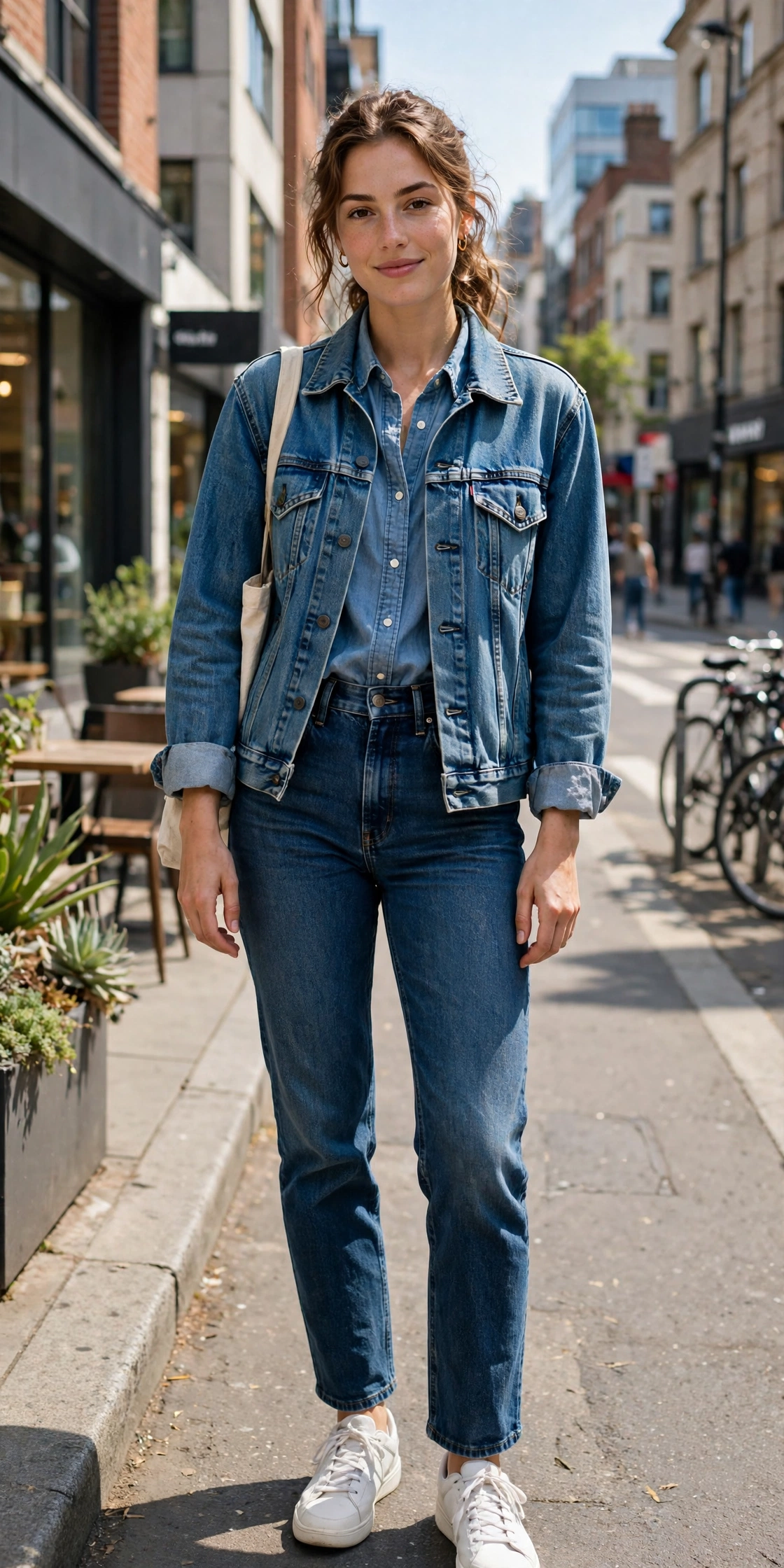 Denim on denim blue monochrome outfit with jacket and jeans