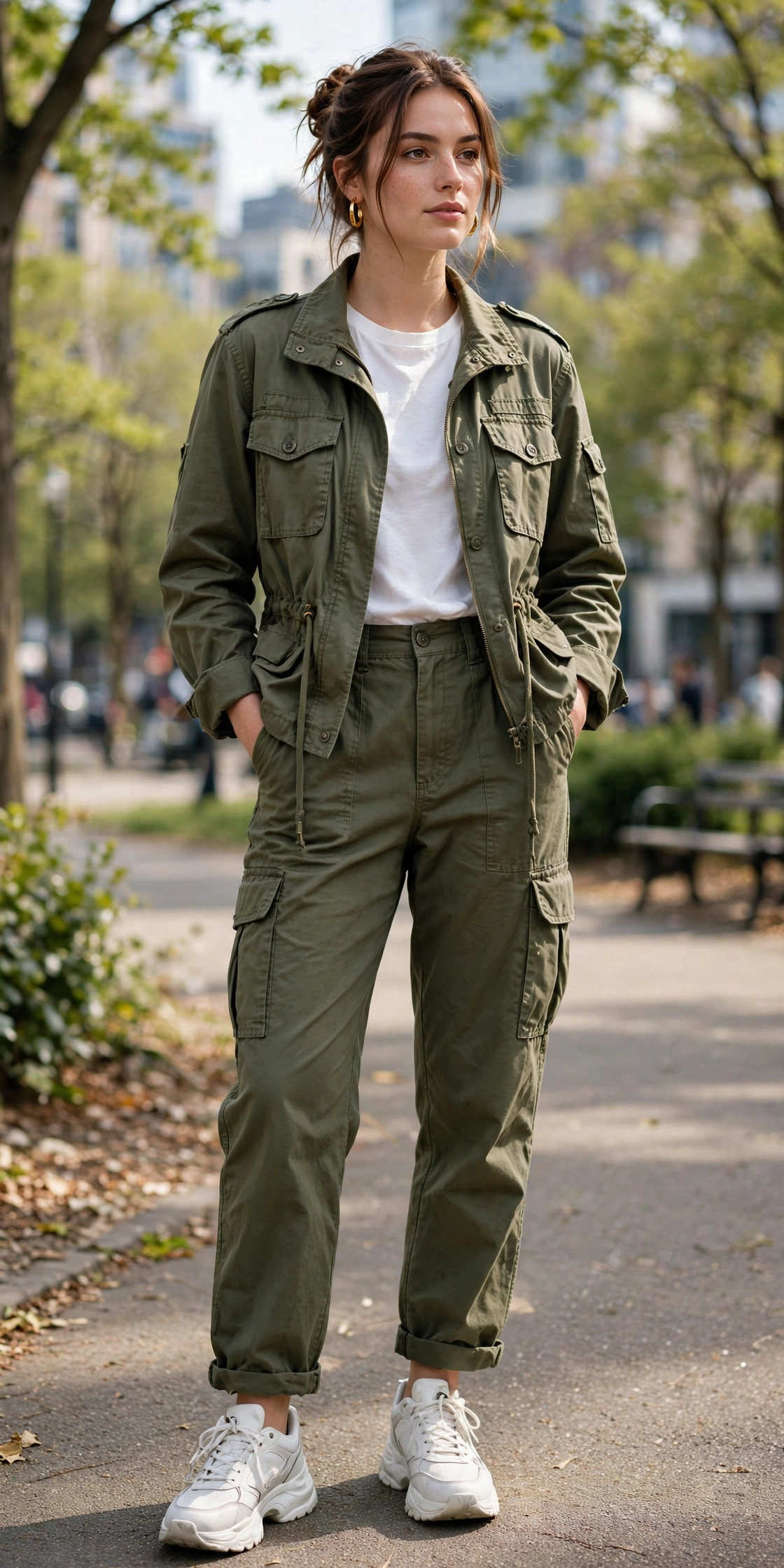 Olive green utility monochrome outfit with cargo set