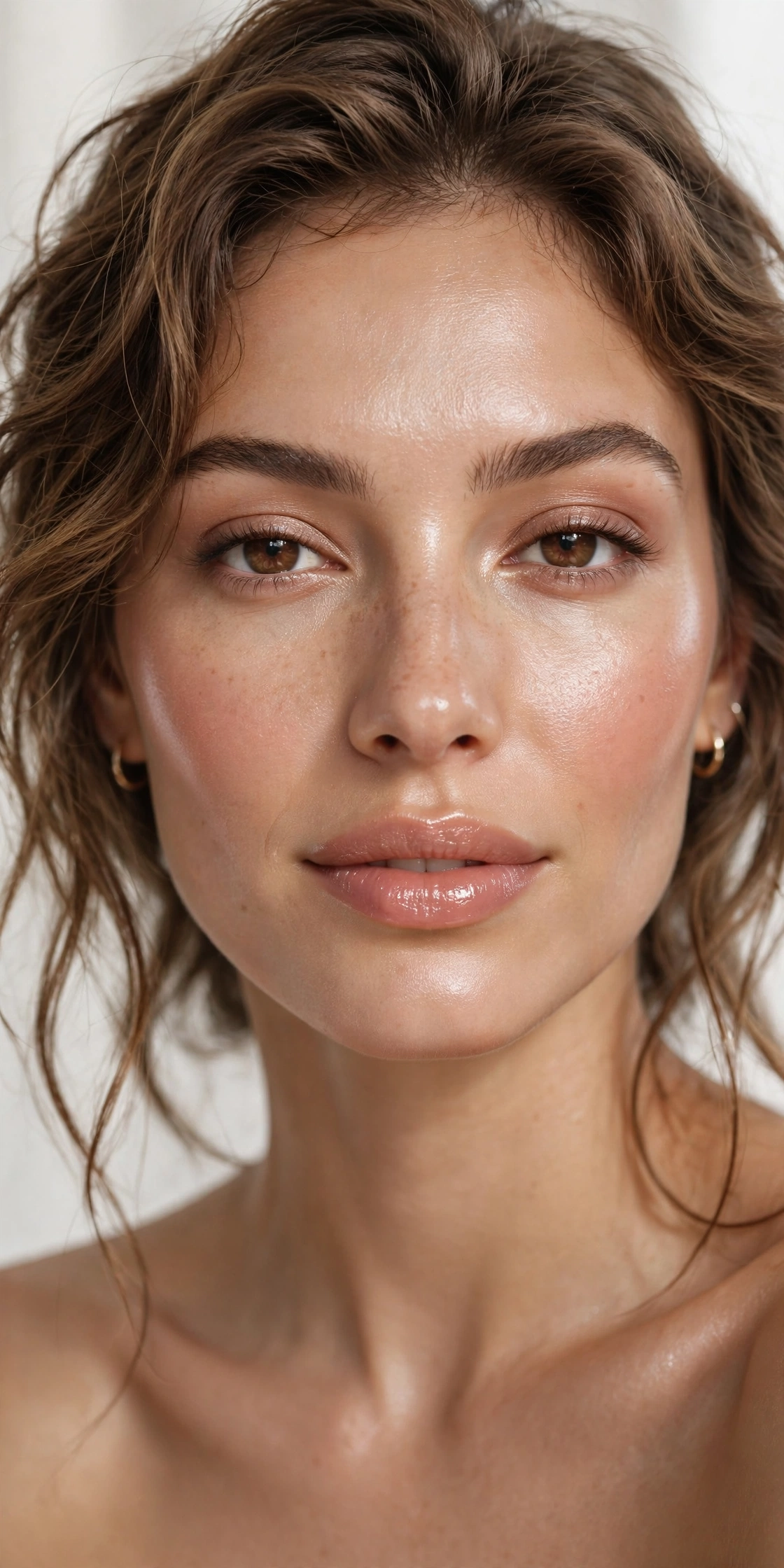Natural glam makeup with dewy skin and glossy lips