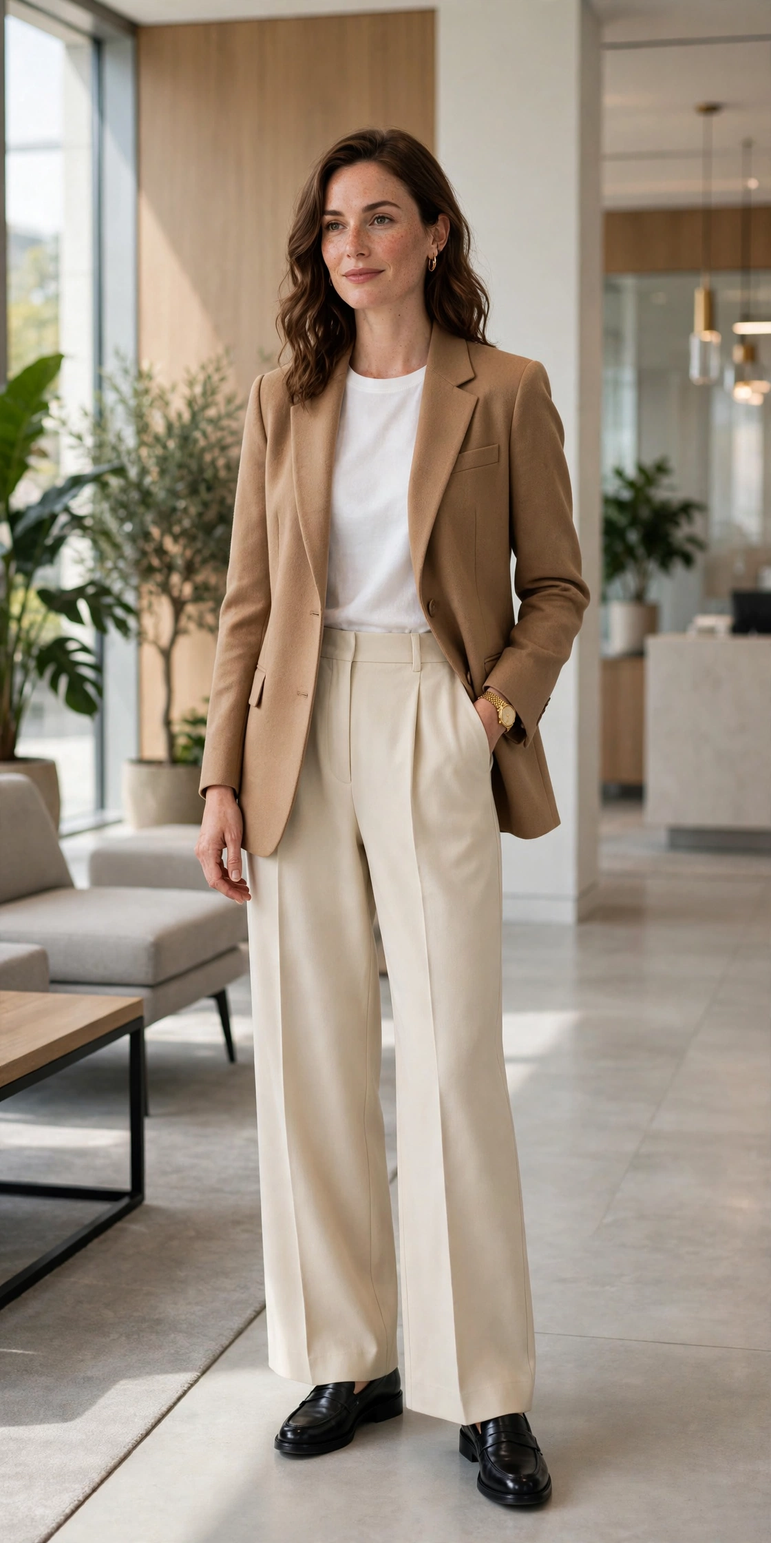 Office outfit fall 2026 with tailored camel blazer and cream trousers