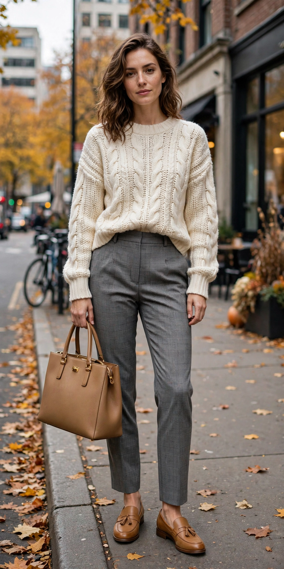Cream knit sweater with plaid trousers office outfit for fall