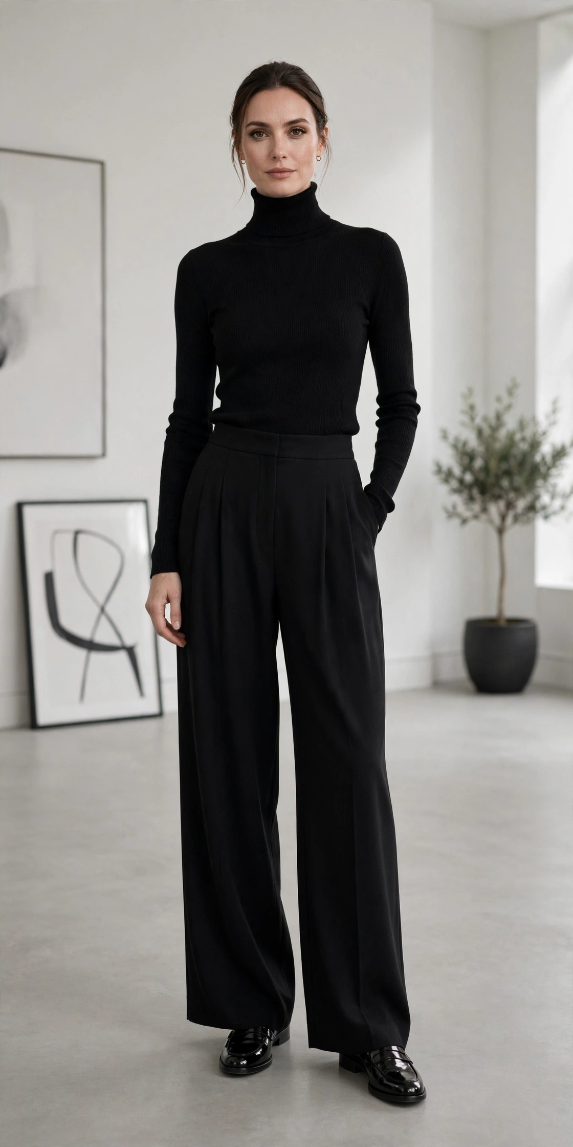 Black turtleneck with wide-leg trousers chic office outfit