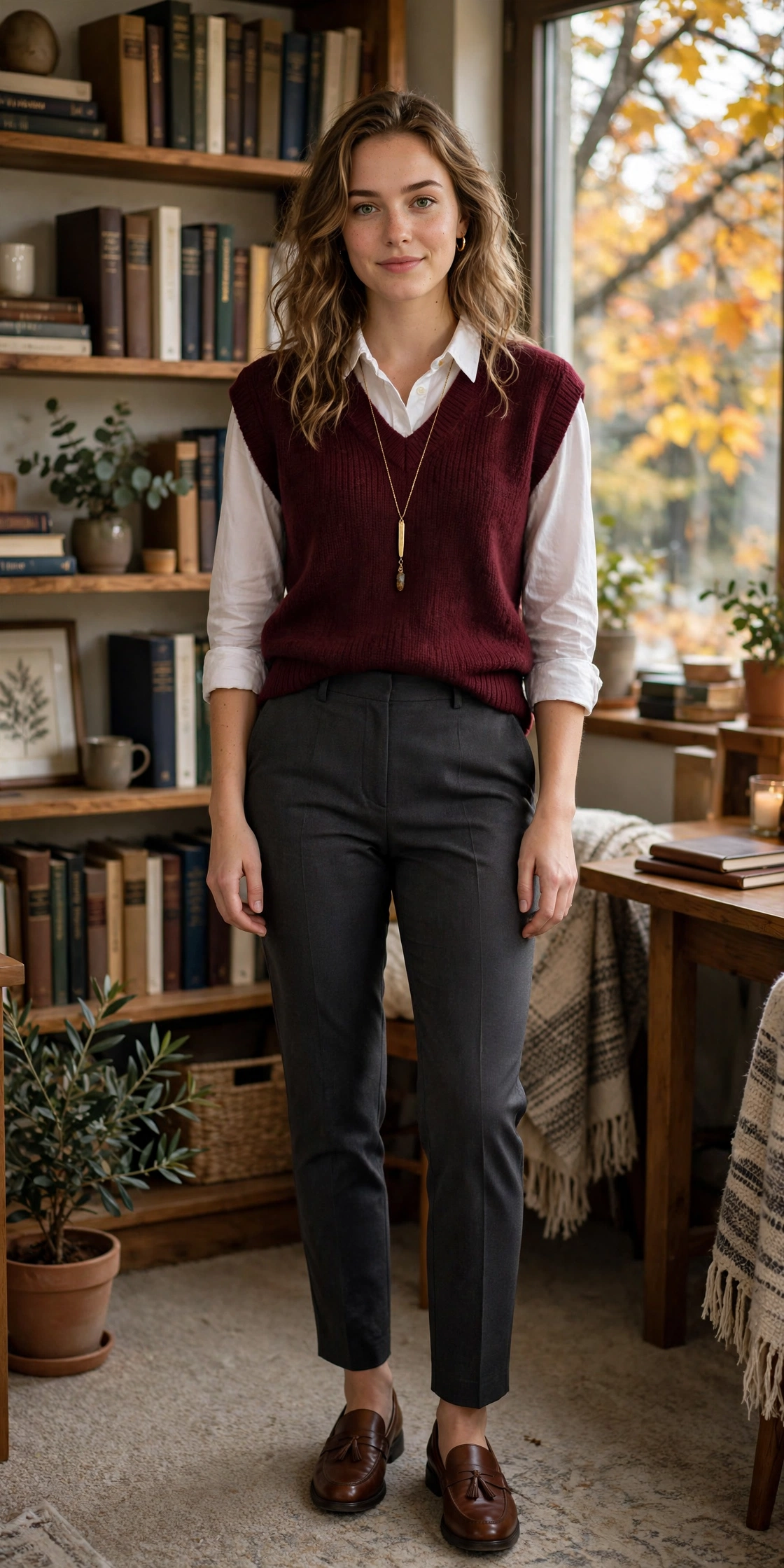 Burgundy sweater vest layered over white shirt office look