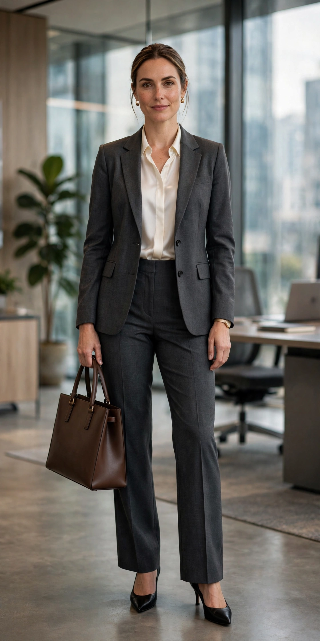 Charcoal pantsuit with silk blouse elegant office outfit