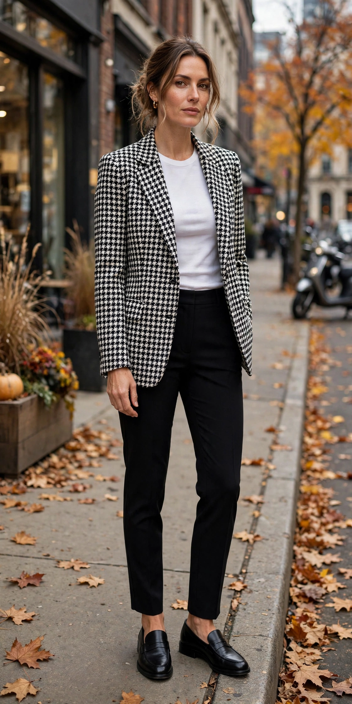 Houndstooth blazer with black trousers fall office outfit