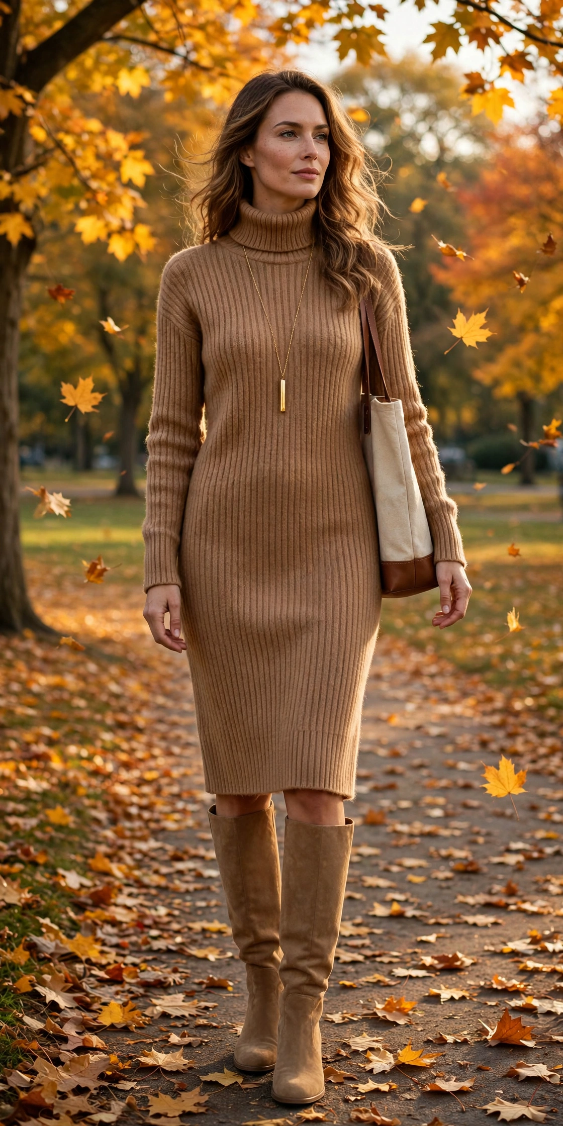 Turtleneck sweater dress with knee-high boots office look
