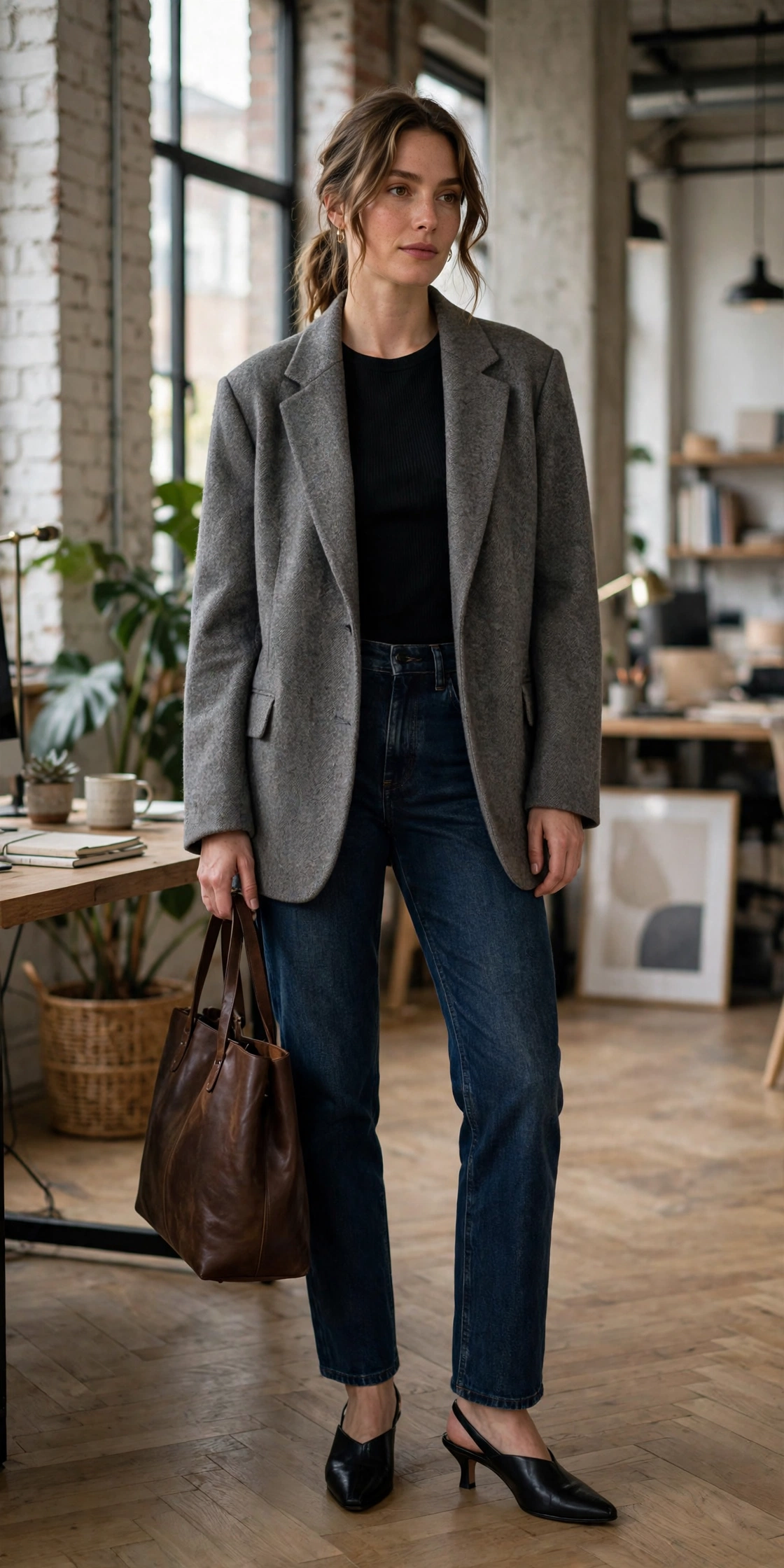Oversized blazer with dark straight-leg jeans smart casual office outfit