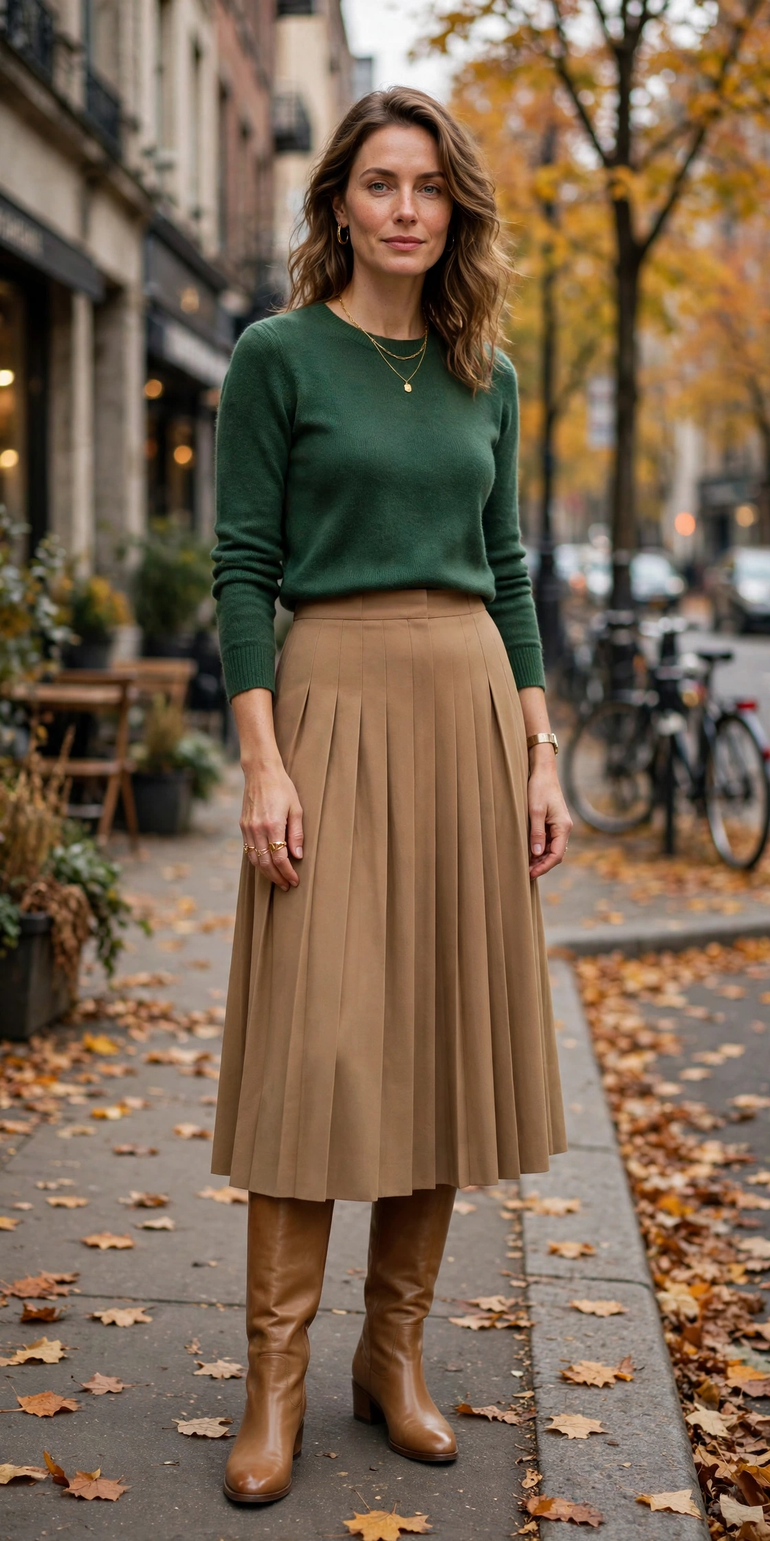 Forest green knit sweater with camel midi skirt office outfit