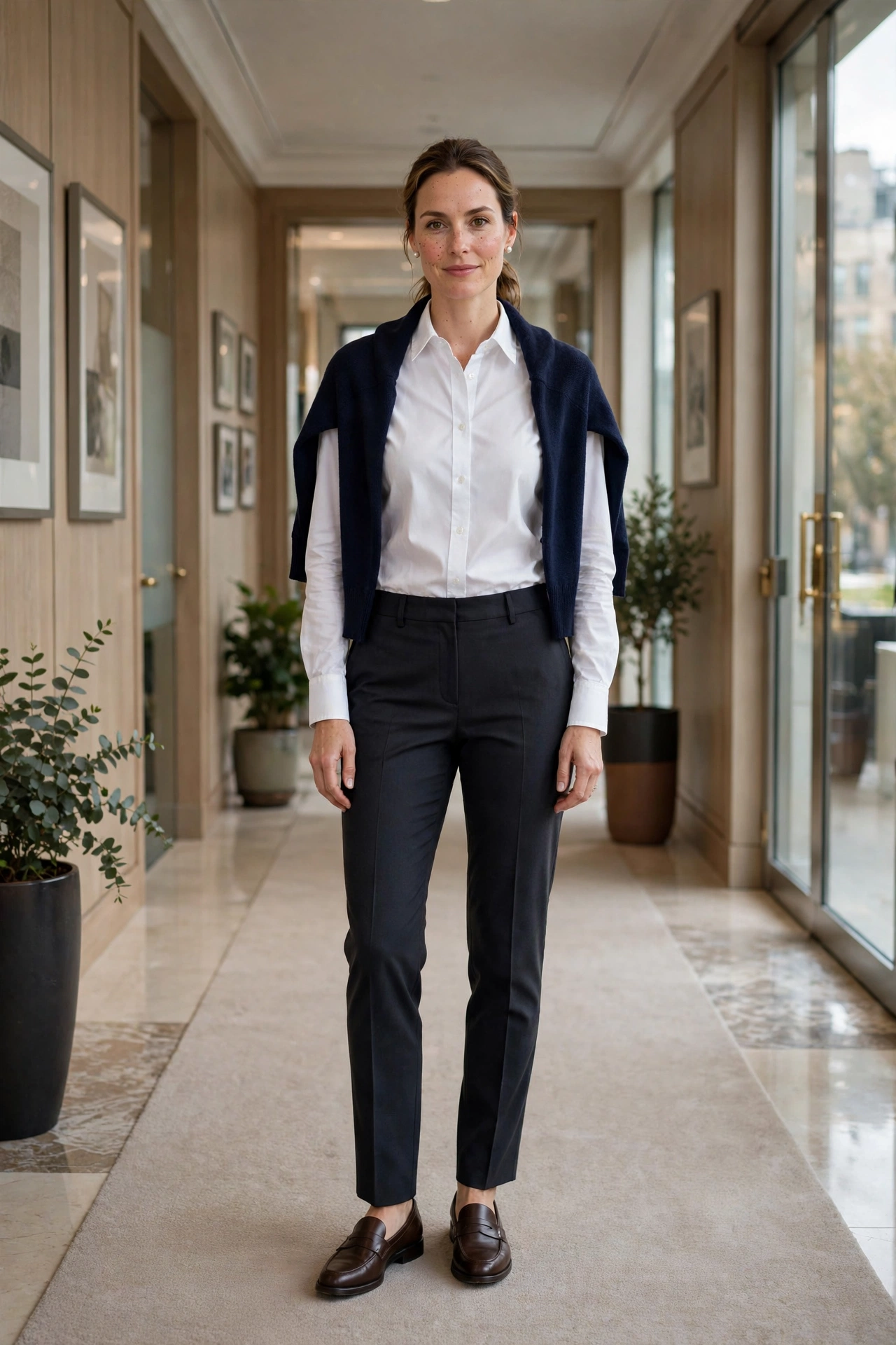 Crisp white shirt with sweater draped over shoulders office outfit