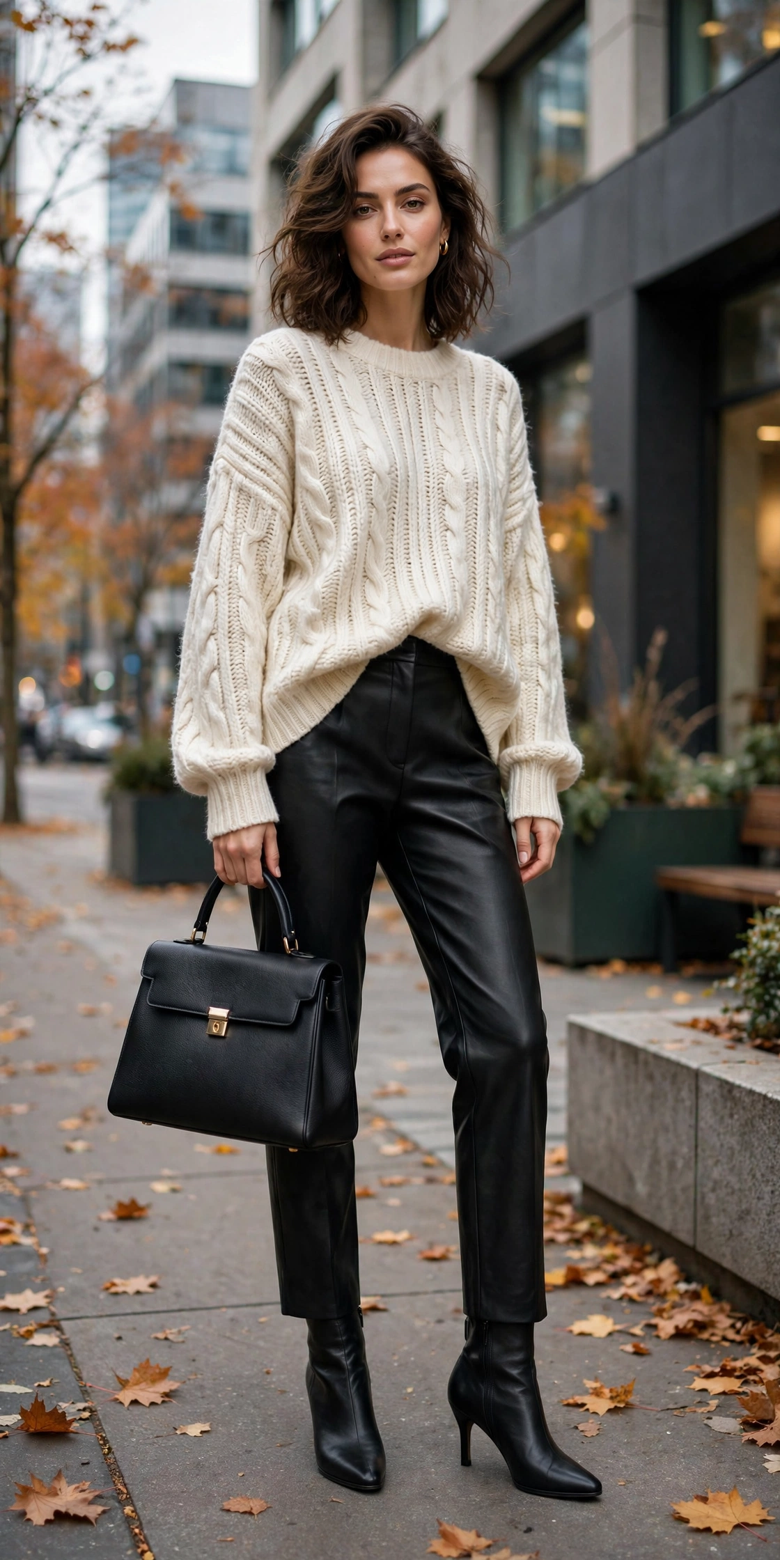 Leather trousers with oversized knit sweater office outfit