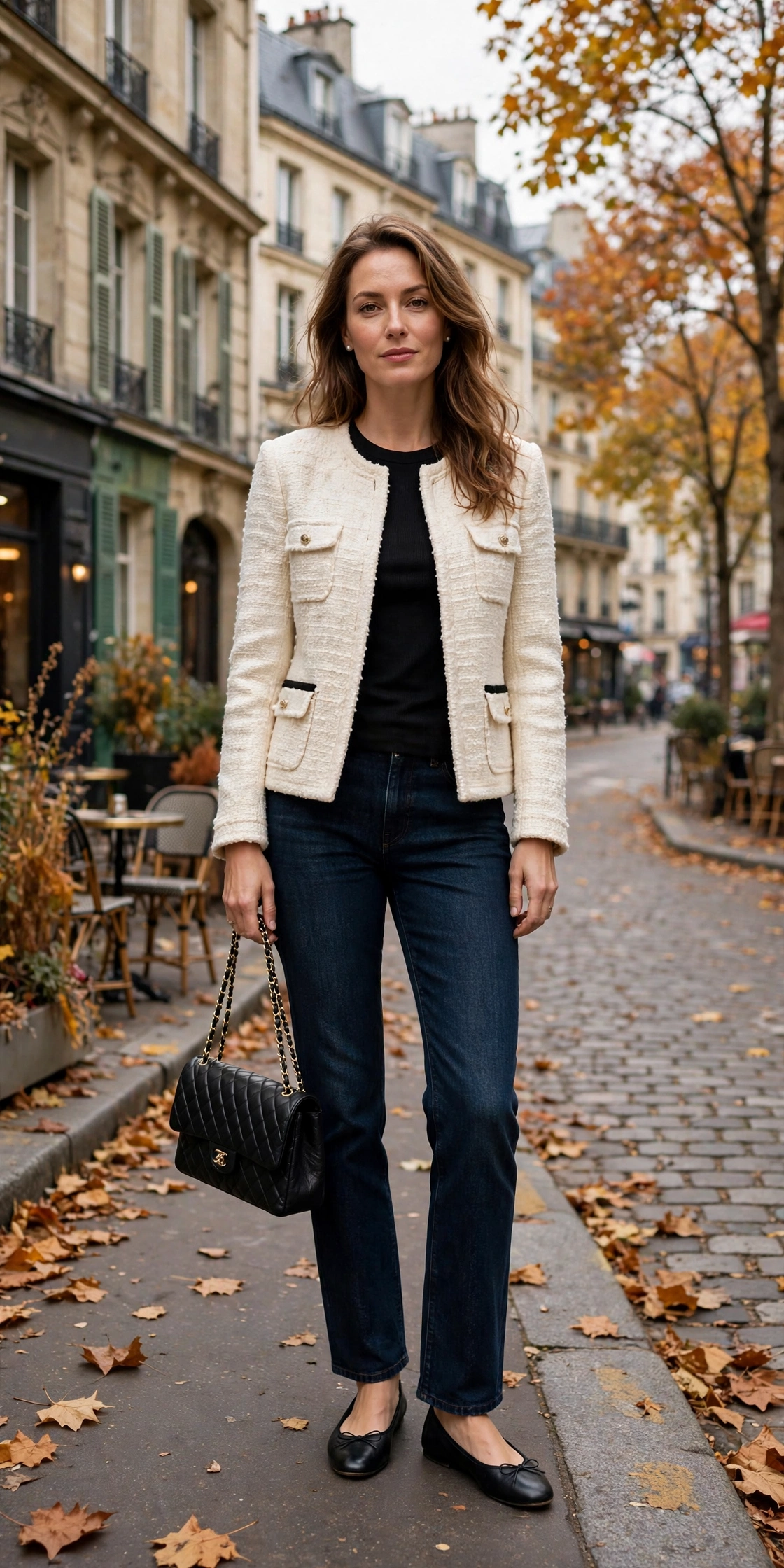 Tweed jacket with dark denim jeans polished office outfit