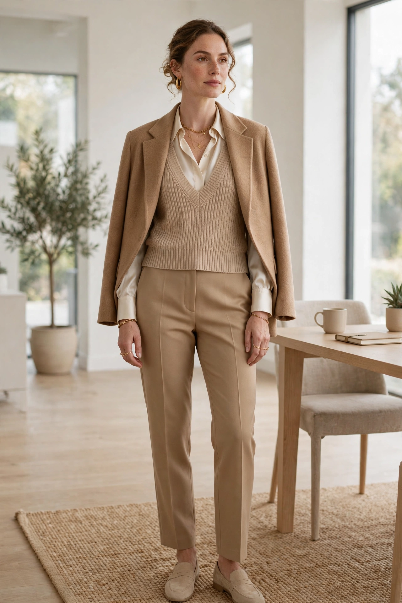 Monochrome beige layered office outfit for fall 2026