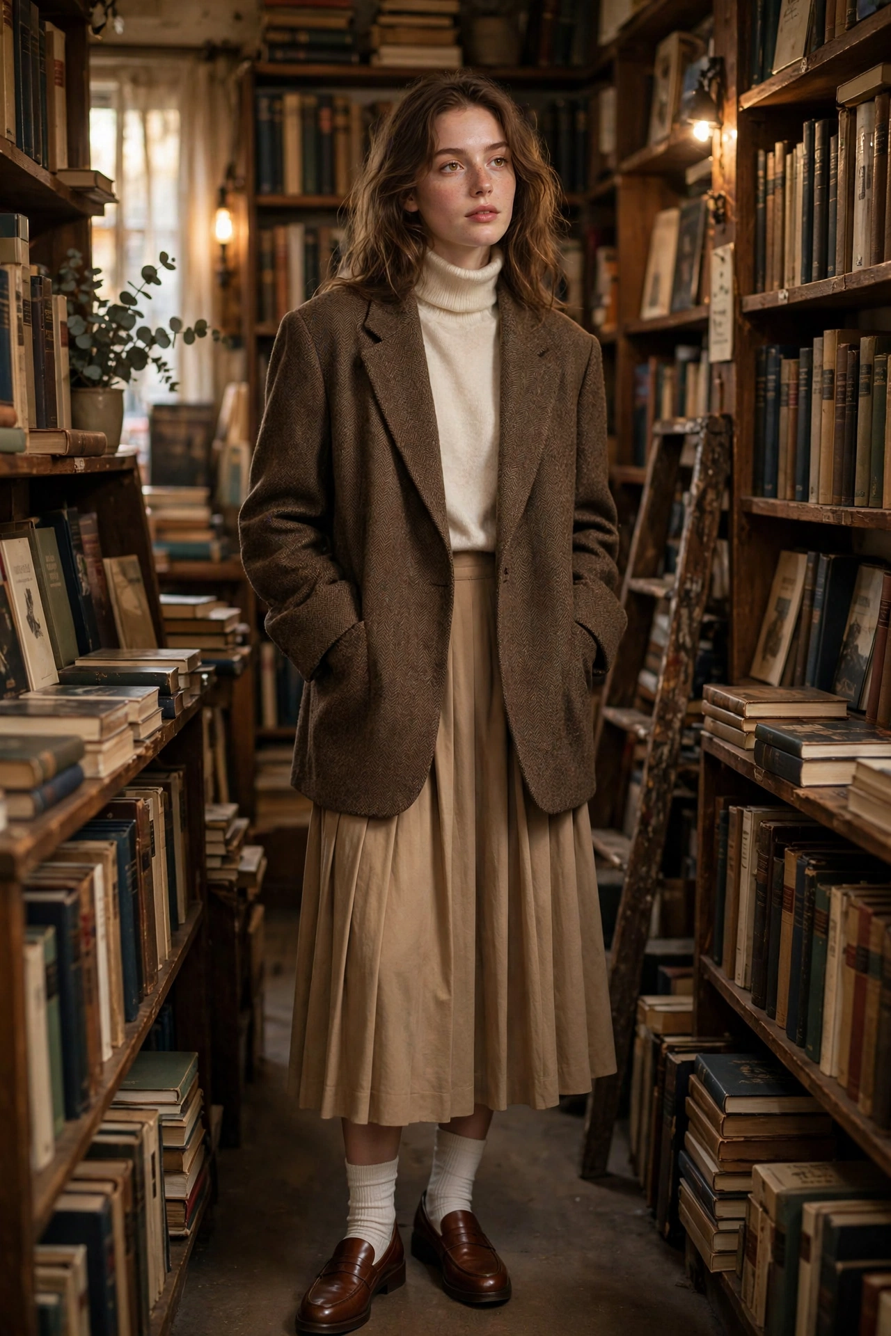 Poetcore outfit with white ruffled poet blouse and dark skirt
