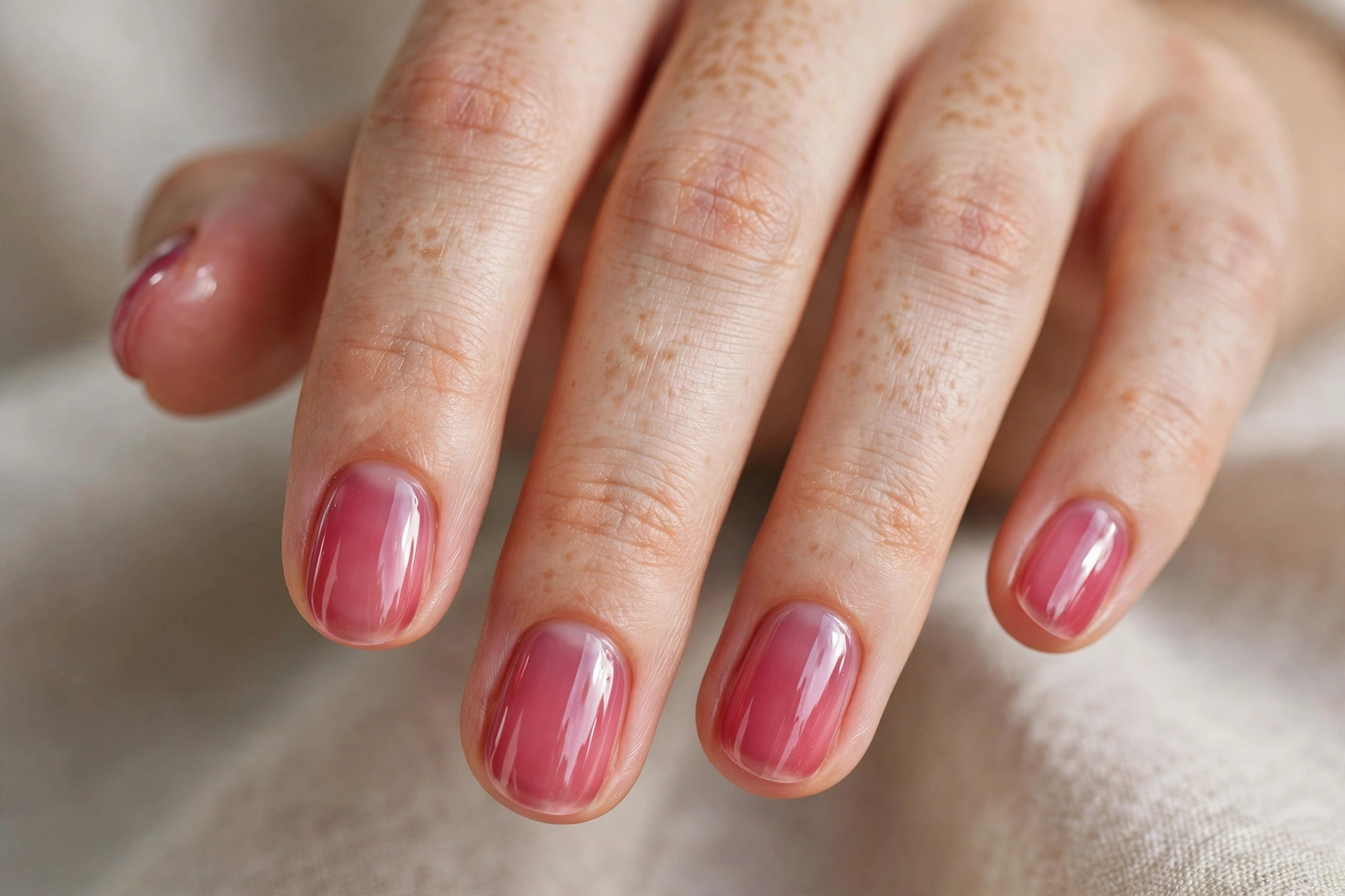 Classic sheer raspberry jelly nails on short oval nails