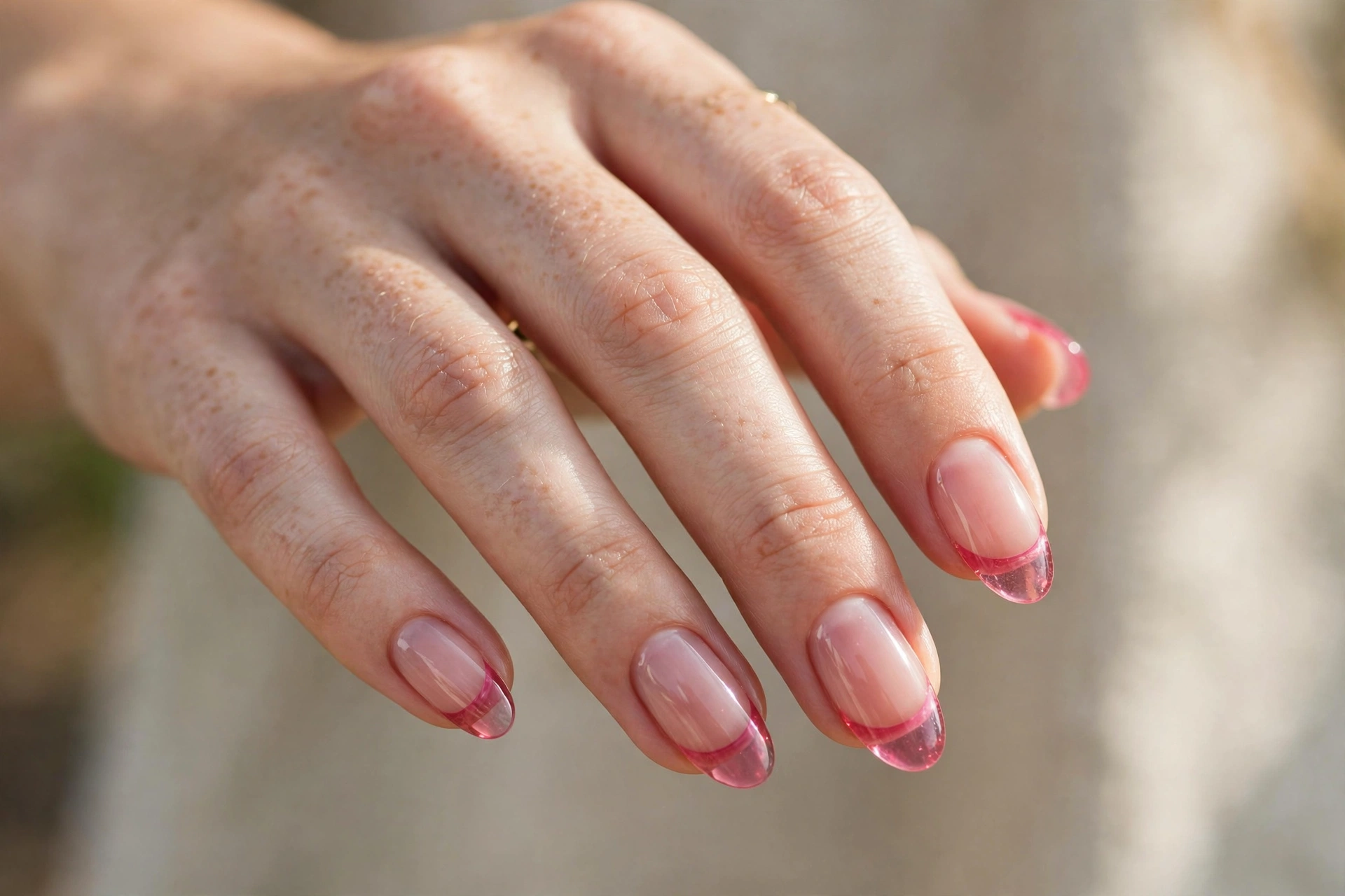 Raspberry jelly French tip nails with translucent berry tips