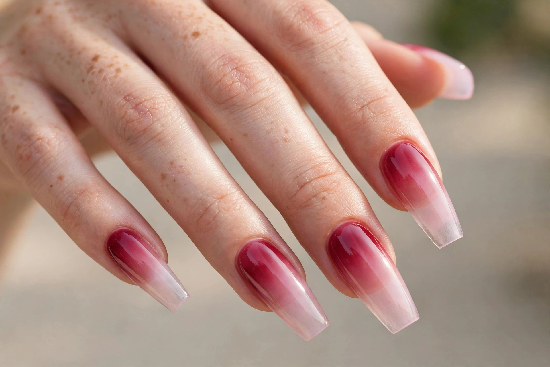 Glassy berry ombre raspberry jelly nails fading to sheer pink