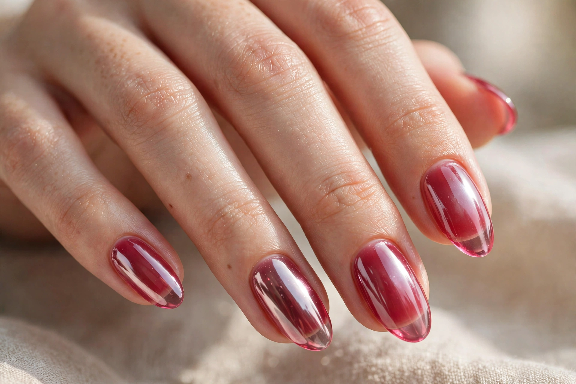 Raspberry chrome jelly nails with mirror glaze shine