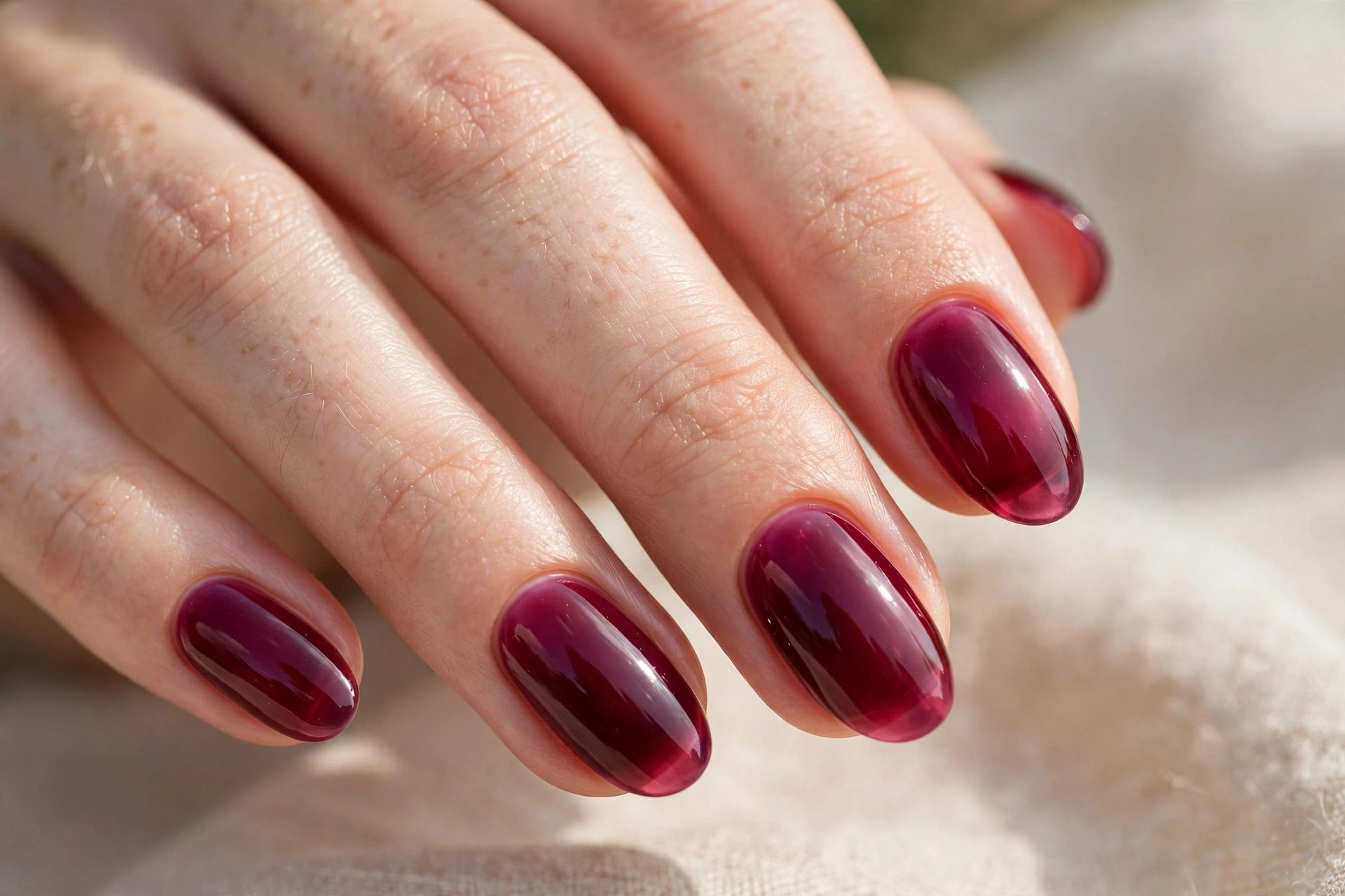 Deep wine raspberry jelly nails in translucent dark berry polish